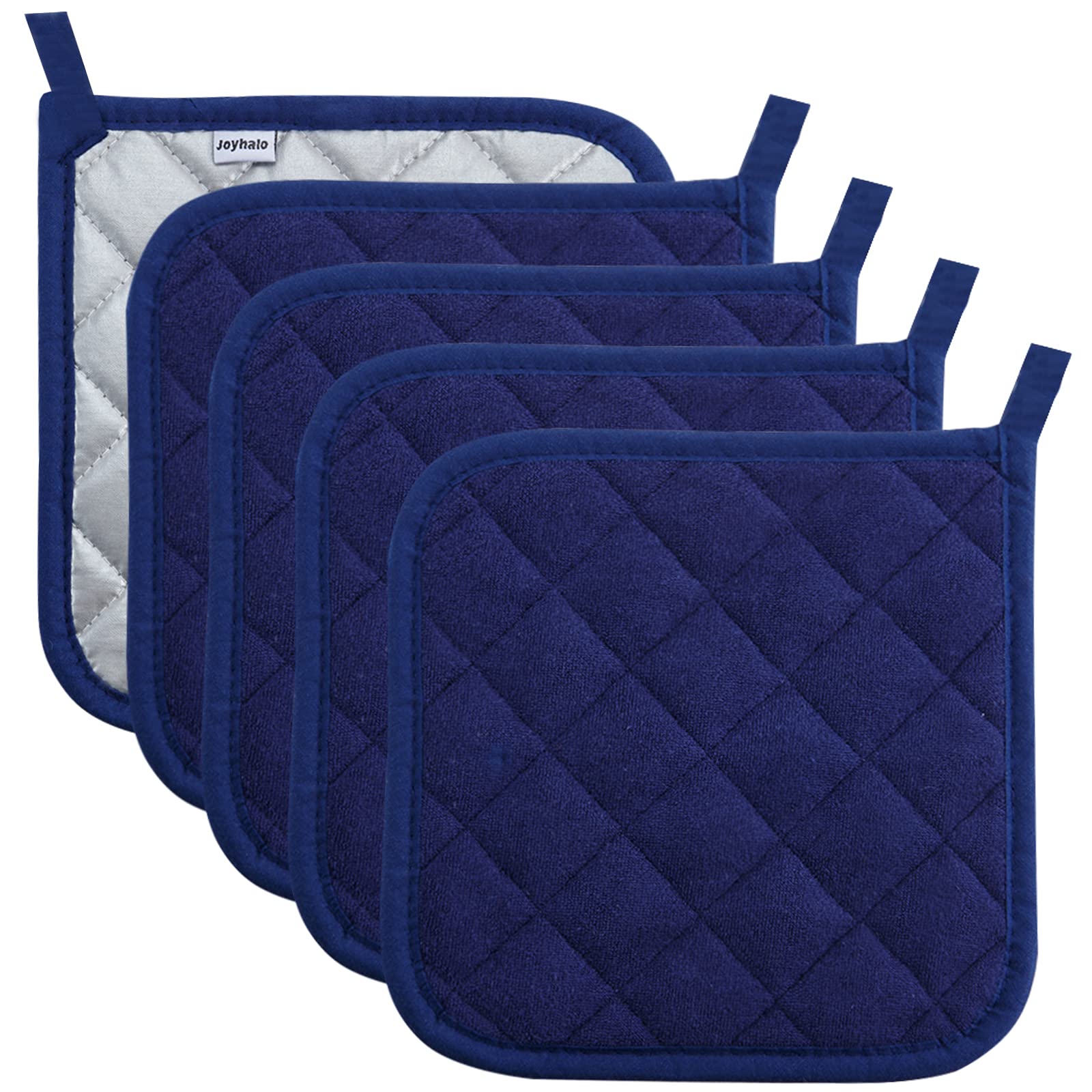 JoyHalo manoplas acolchadas para cocina en azul oscuro, agarre cómodo y seguro.