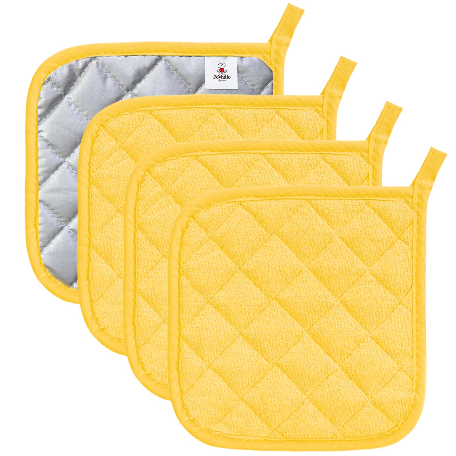 Manoplas Joyhalo para ollas tejiadas en amarillo con agarre cómodo.
