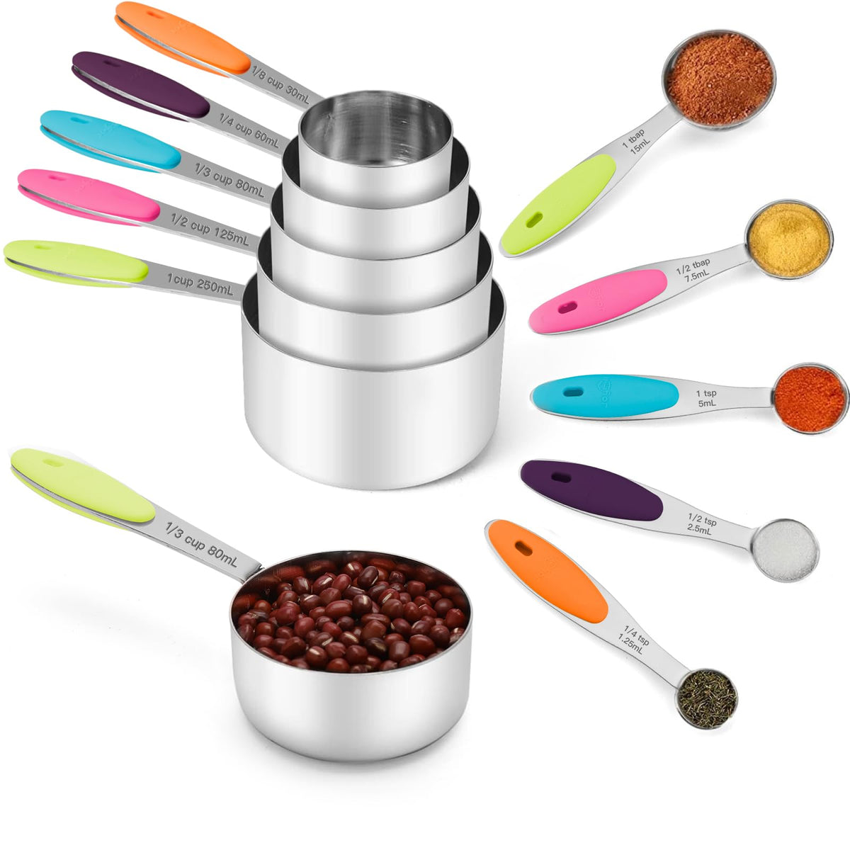 Joyhill tazas y cucharas de medición apilables en acero inoxidable para cocina ordenada