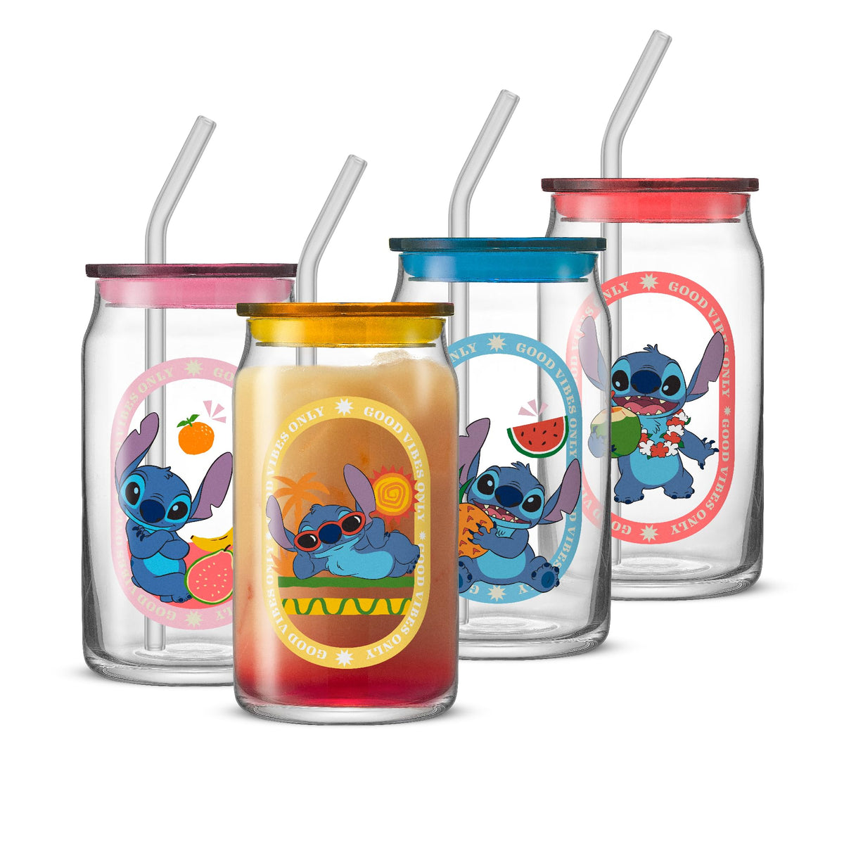 JoyJolt Stitch vaso de vidrio con ambiente insular para bebidas frías.