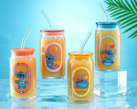 Diseño multicolor de Stitch en vaso de vidrio para cafe frio.