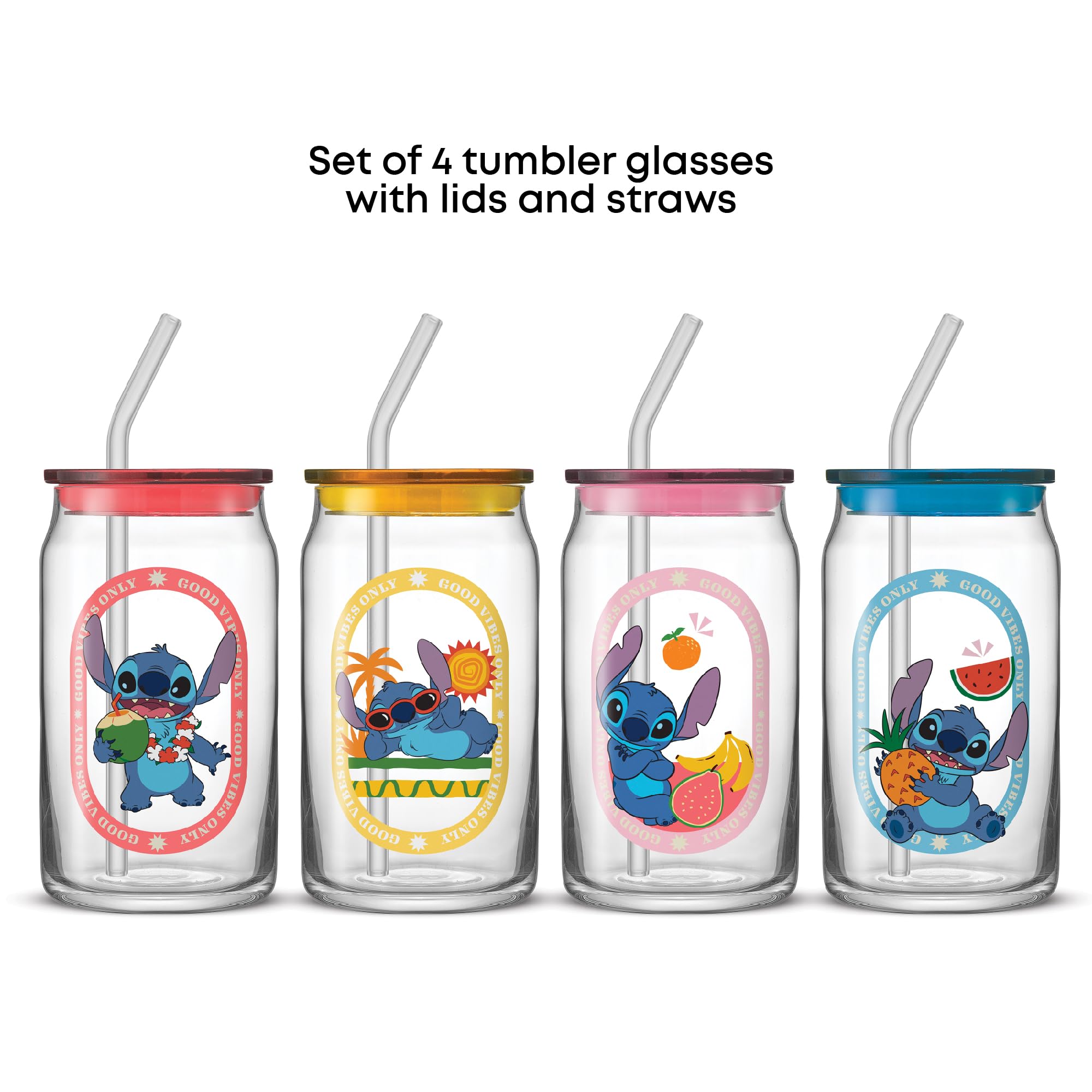 Vaso de vidrio de Stitch con tapa y pajilla, perfecto para playa.