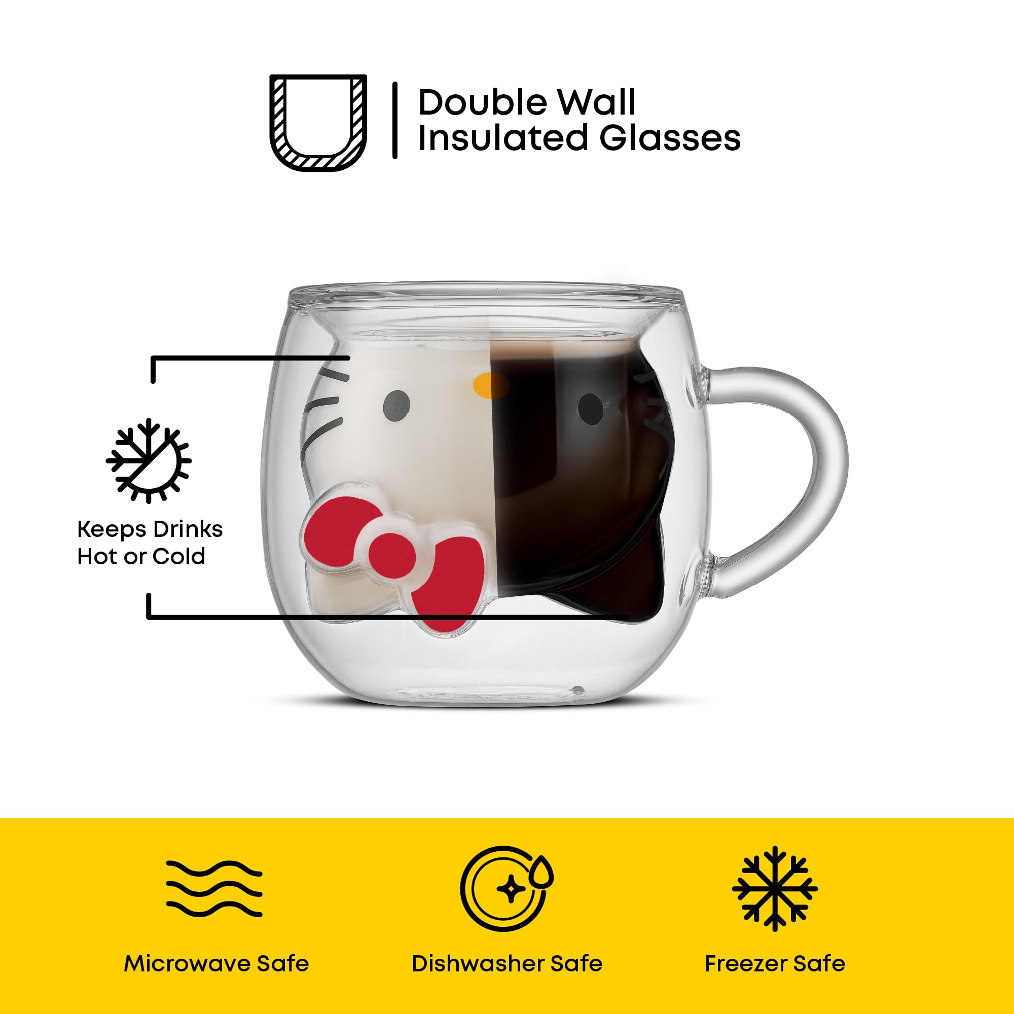 JoyJolt Hello Kitty, vaso de cristal aislado para espresso, sin condensación.