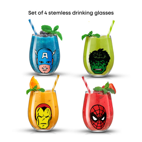 Conjunto JoyJolt Marvel Heroes de 4 vasos sin tallo, empaque listo para regalo.