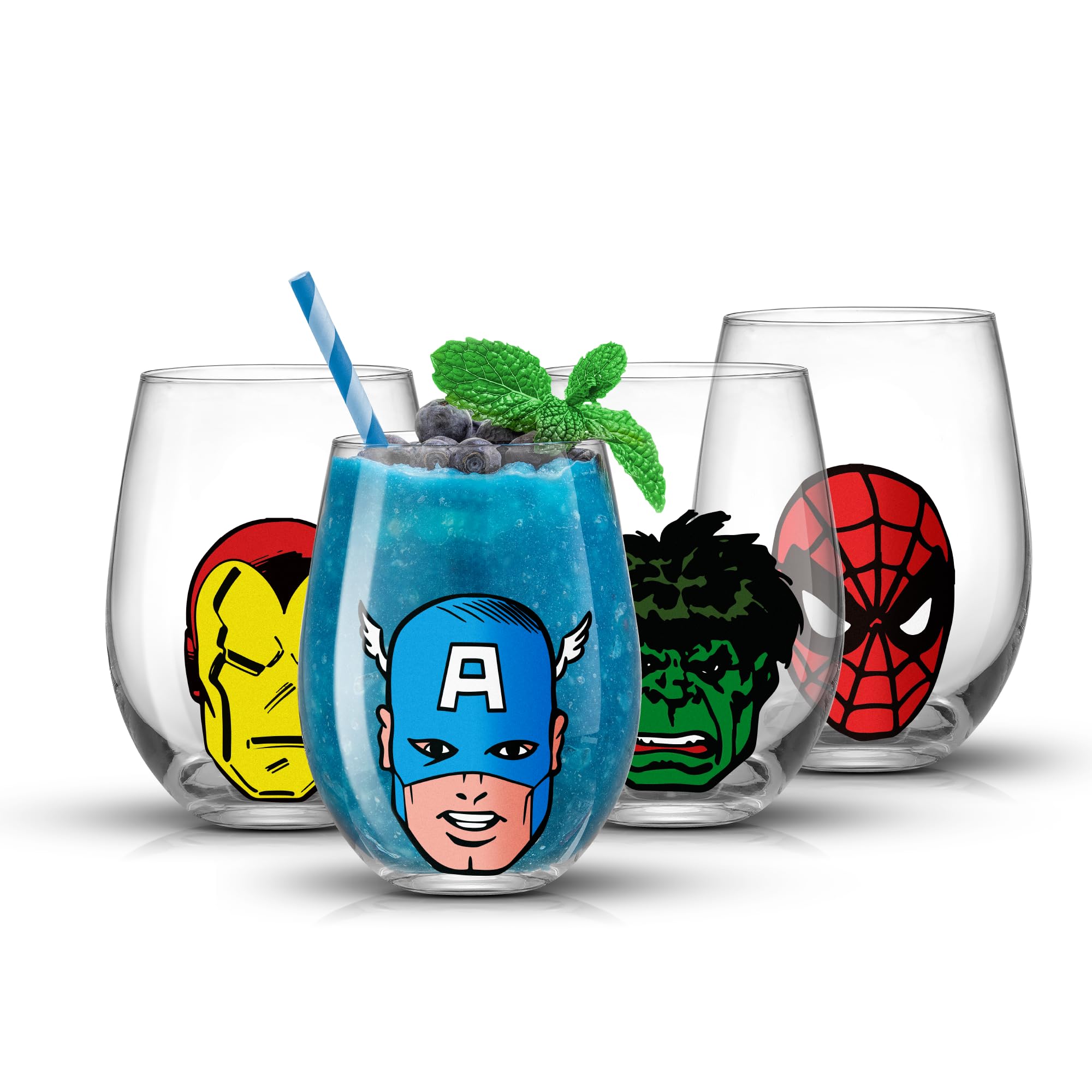 Vaso JoyJolt Marvel Heroes Iron Man sin tallo, perfecto para agua y jugos diarios.