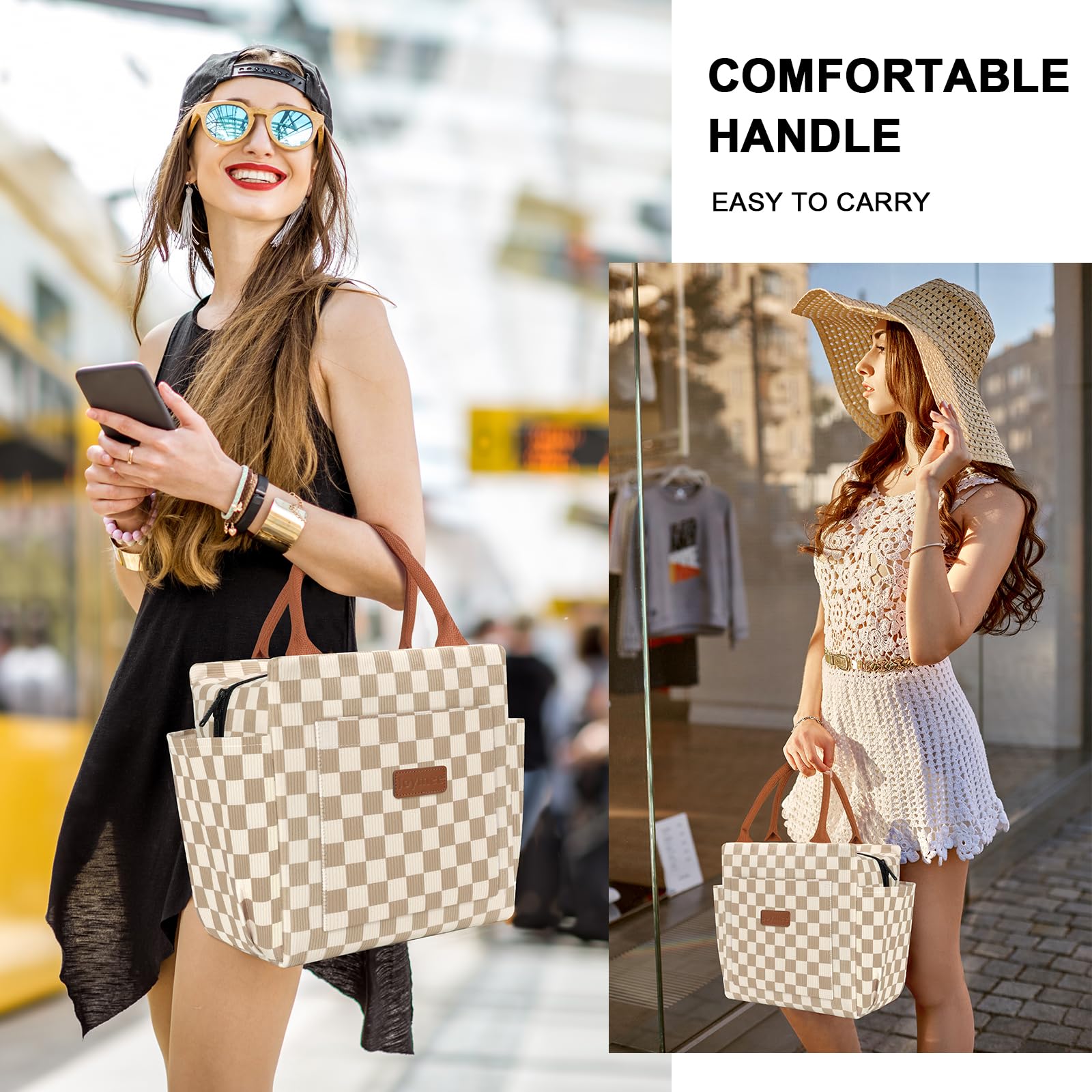 Joymee bolsa de almuerzo, diseño marrón con patrón de cuadros para combinar con outfits.