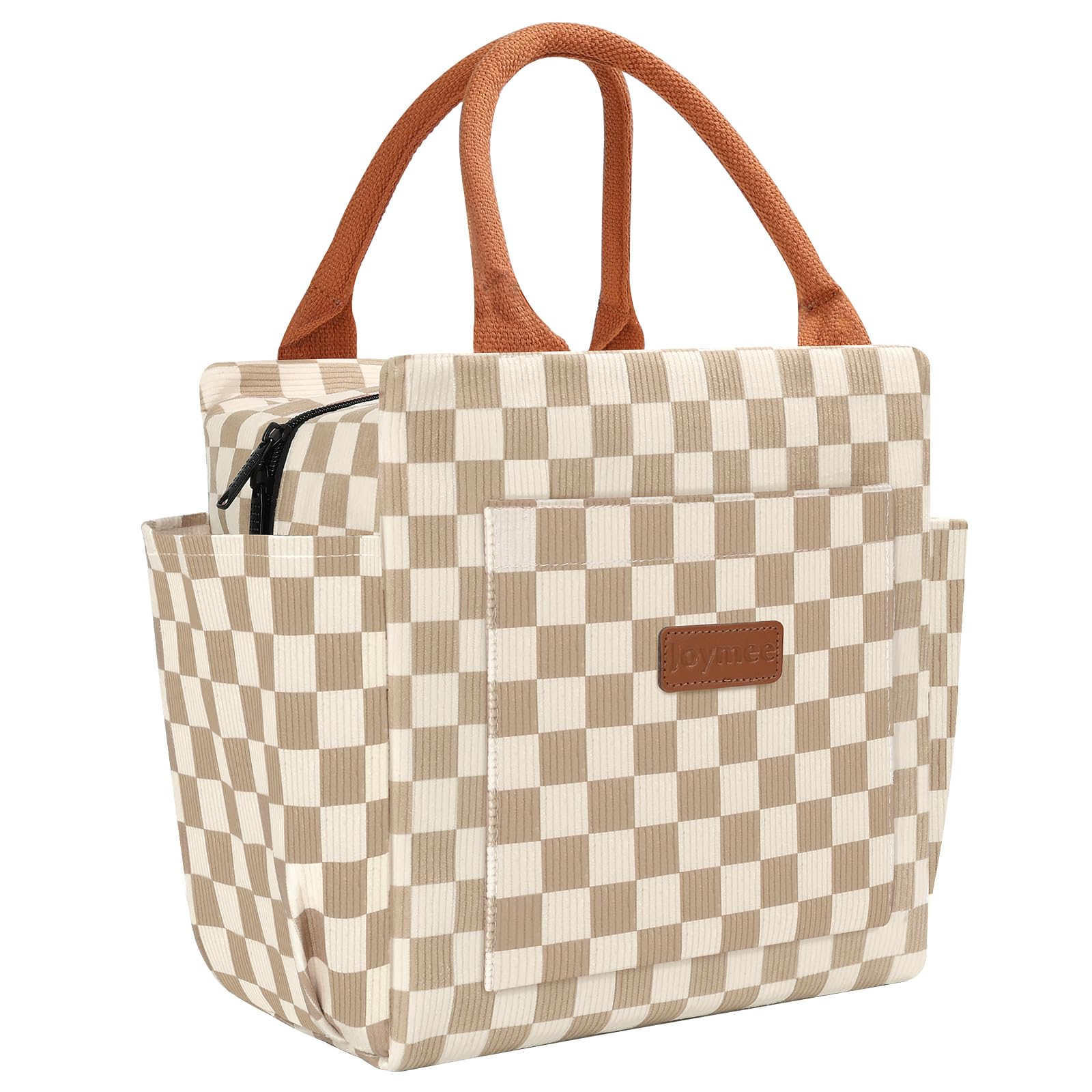 Joymee bolsa de almuerzo para mujer, frente corduroy checker marrón, ideal para el trabajo.