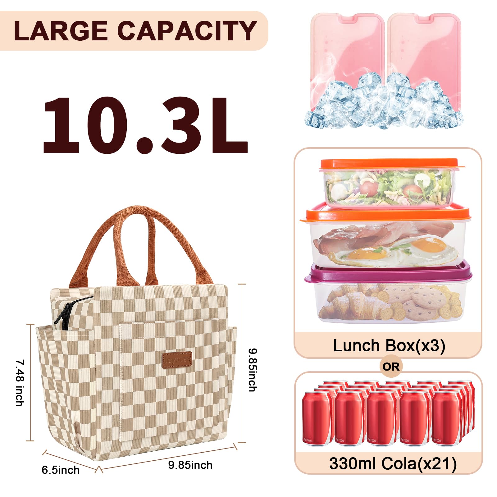 Joymee bolsa de almuerzo, interior aislante y capacidad para conservar comida.