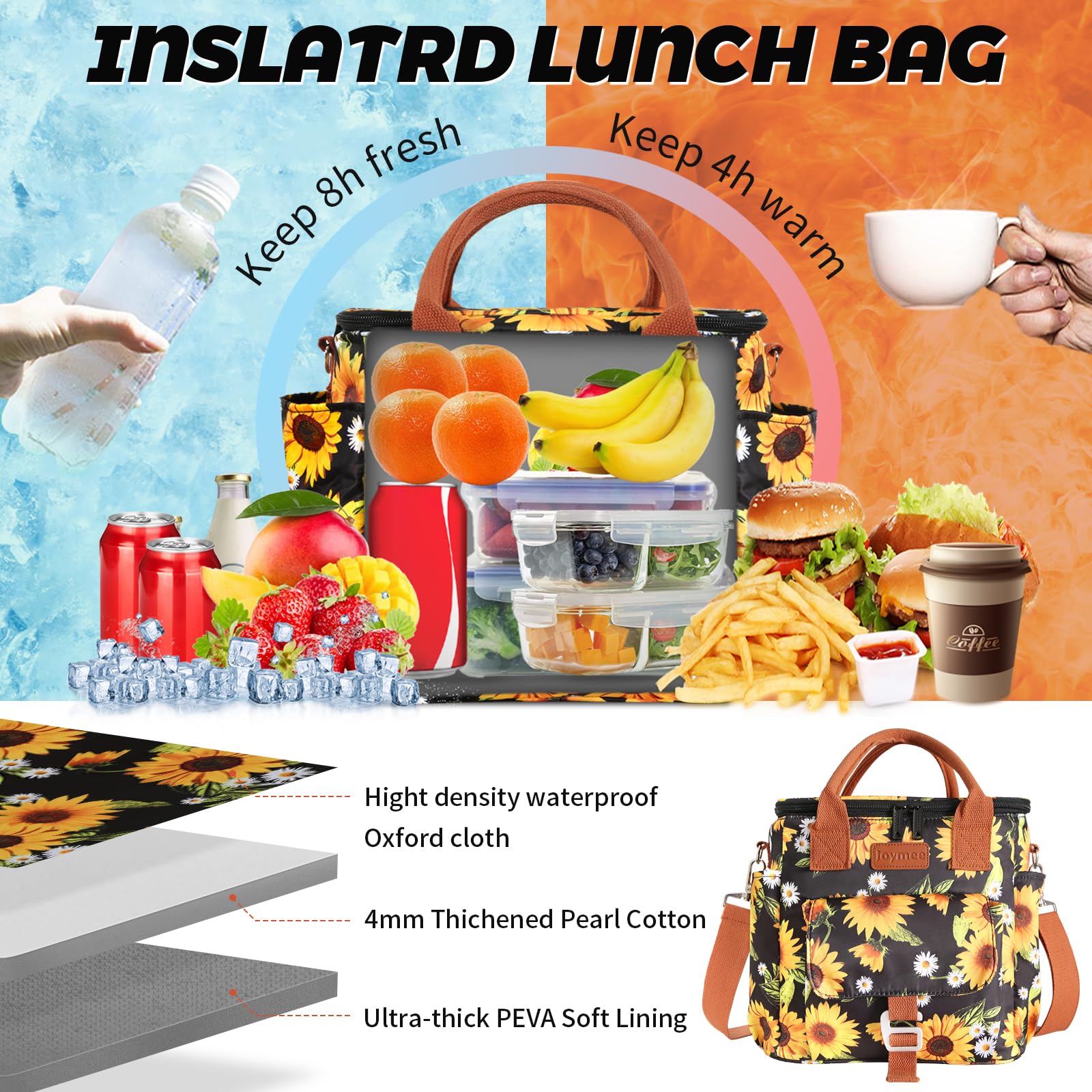 Joymee bolsa de almuerzo de gran capacidad para comidas y bebidas.