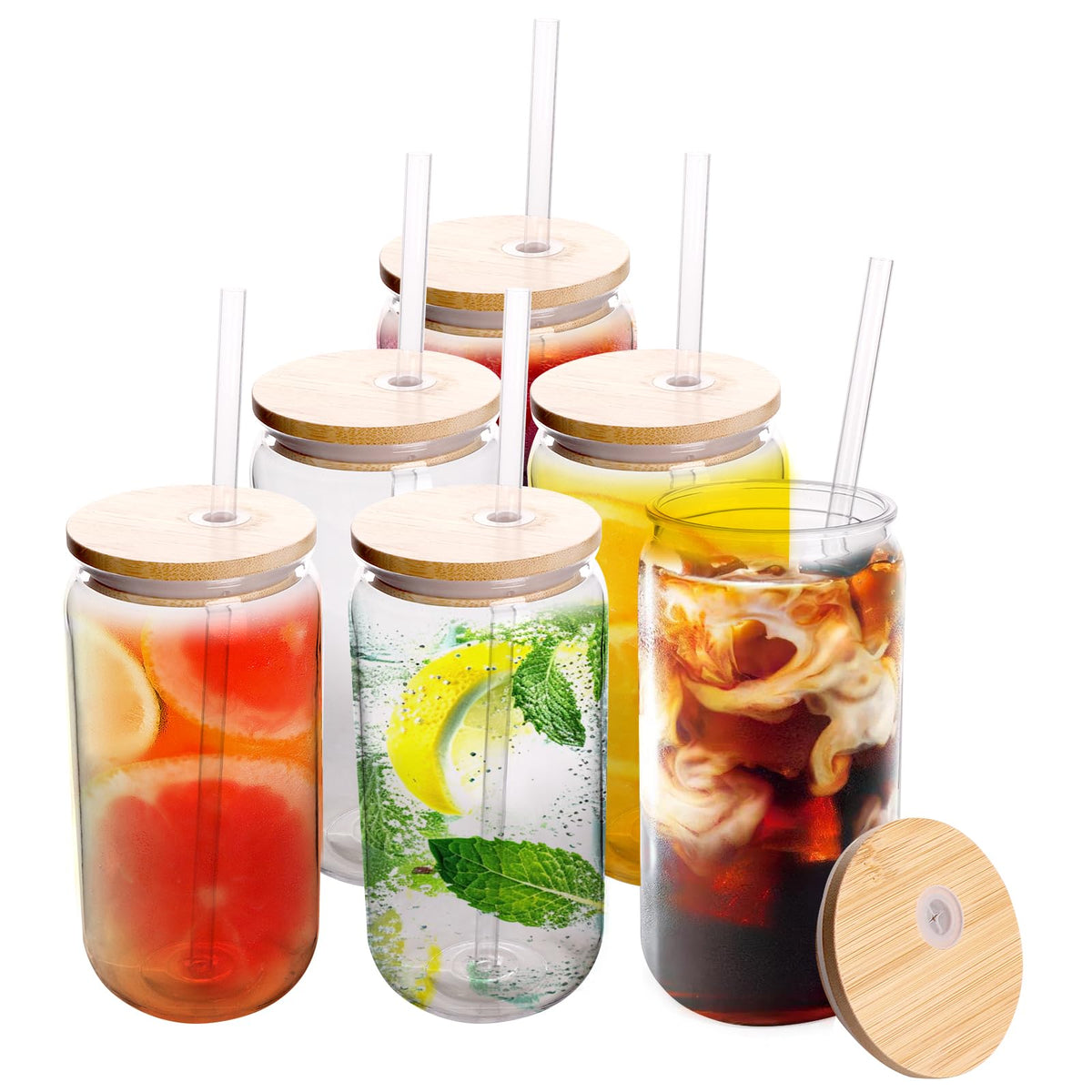 Joytra vasos claros 16oz con tapa bambú y pajillas para bebidas listas para cualquier ocasión.