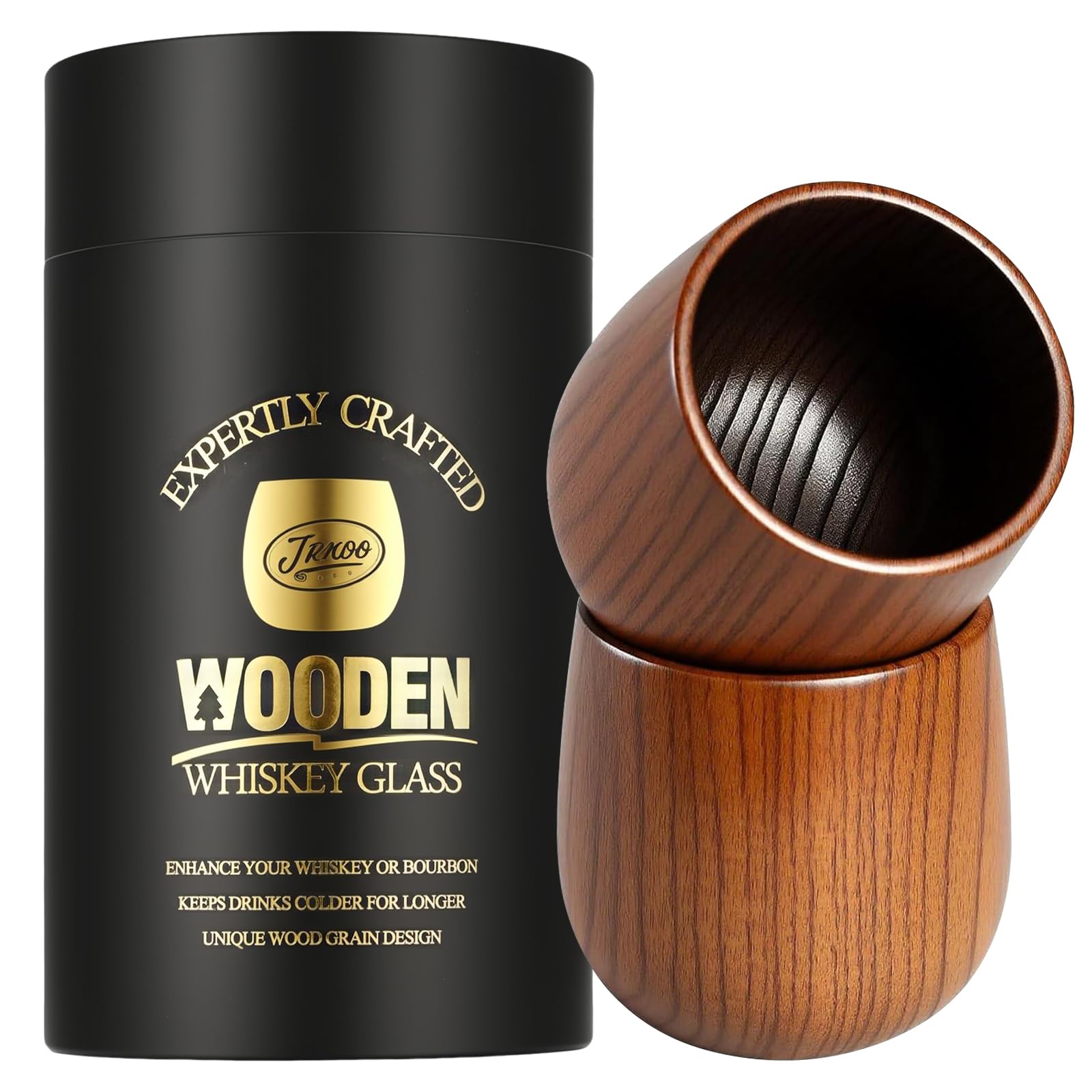 JRKOO vaso whisky americano madera carbonizada, vista frontal, ideal para degustaciones en casa.