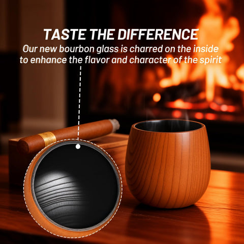JRKOO vaso whisky americano, primer plano muestra vetas naturales únicas.