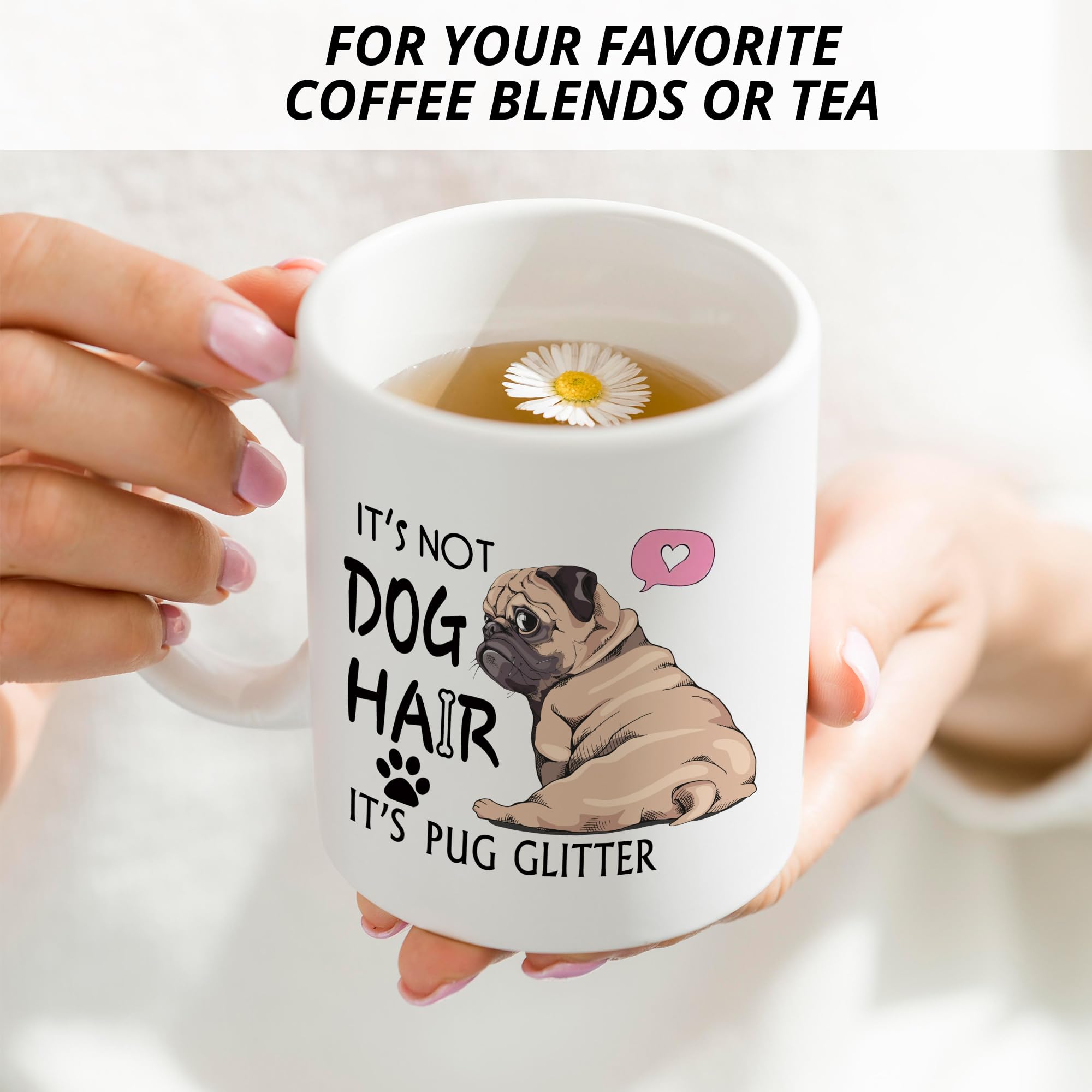 Frente de la taza JRTW pug con patrón de pug, añade estilo.
