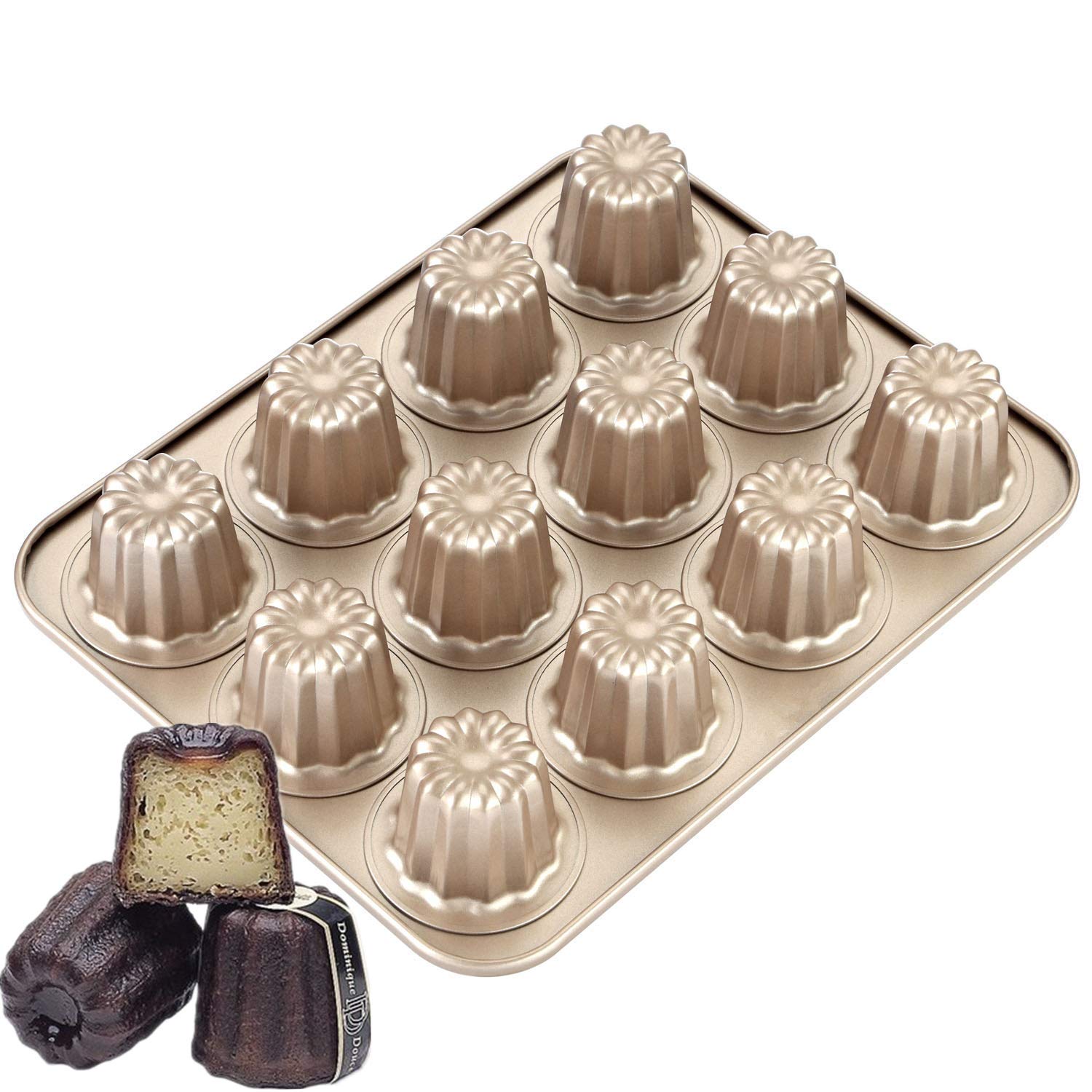 JRVT Love caneles 12 cavidades antiadherente dorado, desmoldeo fácil para postres perfectos