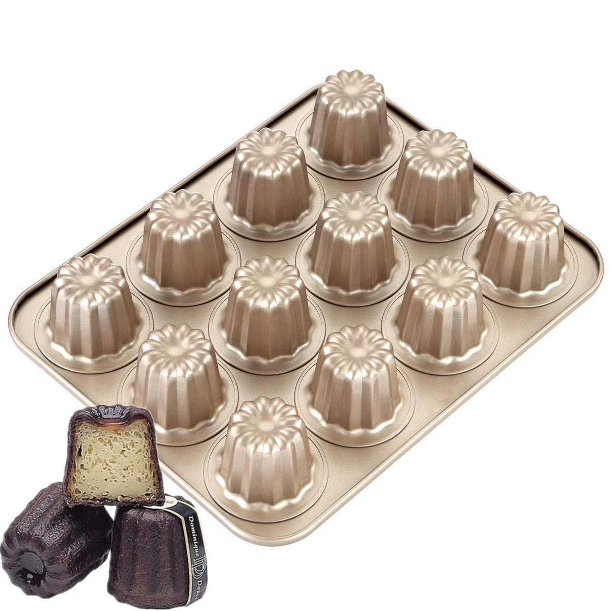 JRVT Love caneles 12 cavidades antiadherente dorado, desmoldeo fácil para postres perfectos