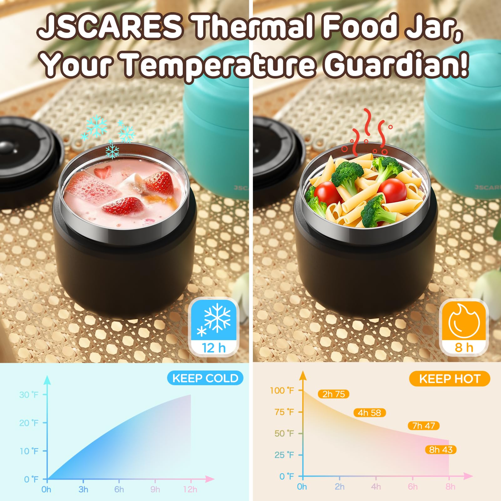 JSCARES termo para sopas cálidas, perfecto para almuerzos escolares.