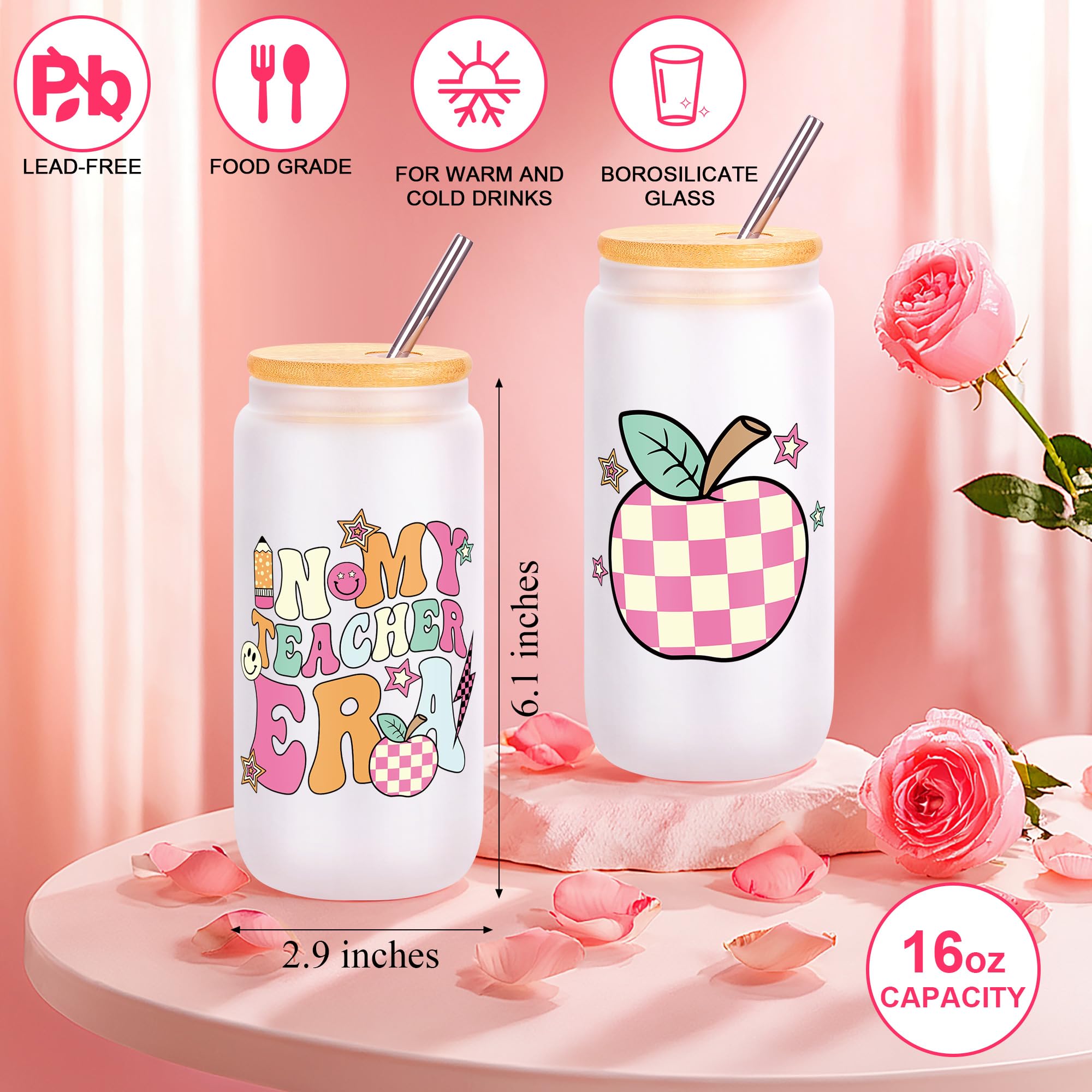 JSENGIFT vaso de vidrio con tapa y pajilla de 16 onzas