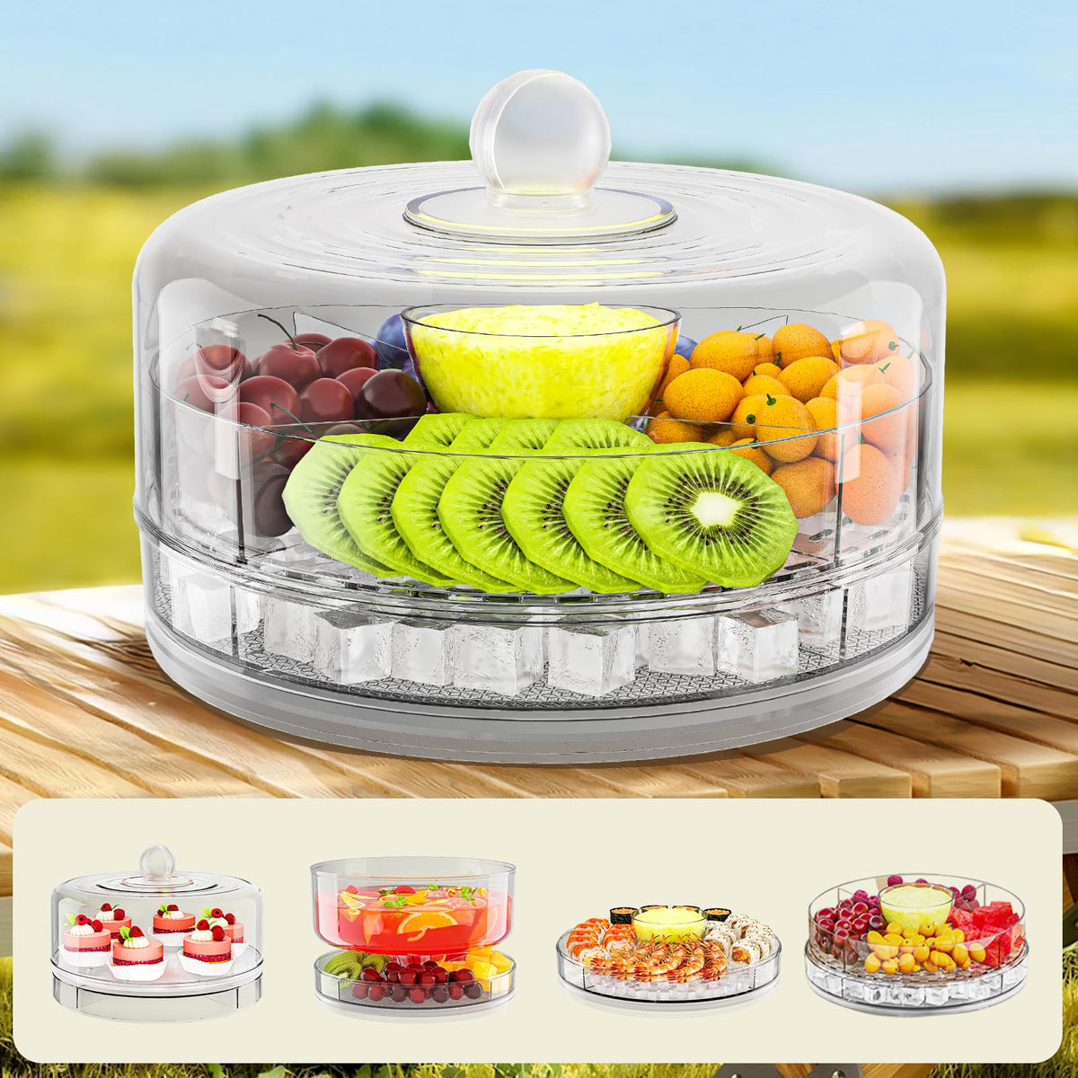 Jsyrjing bandeja-fria-compacta-rotatoria-tapa-clara facilita mantener aperitivos y frutas frescos.