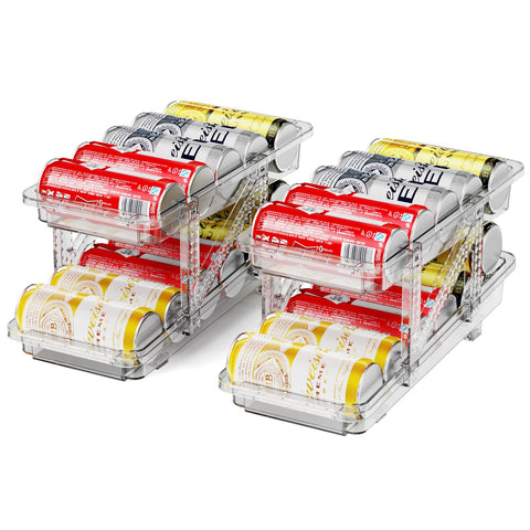 Jsyrjing organizador de bebidas para nevera muestra bandeja ajustable de dos piezas.