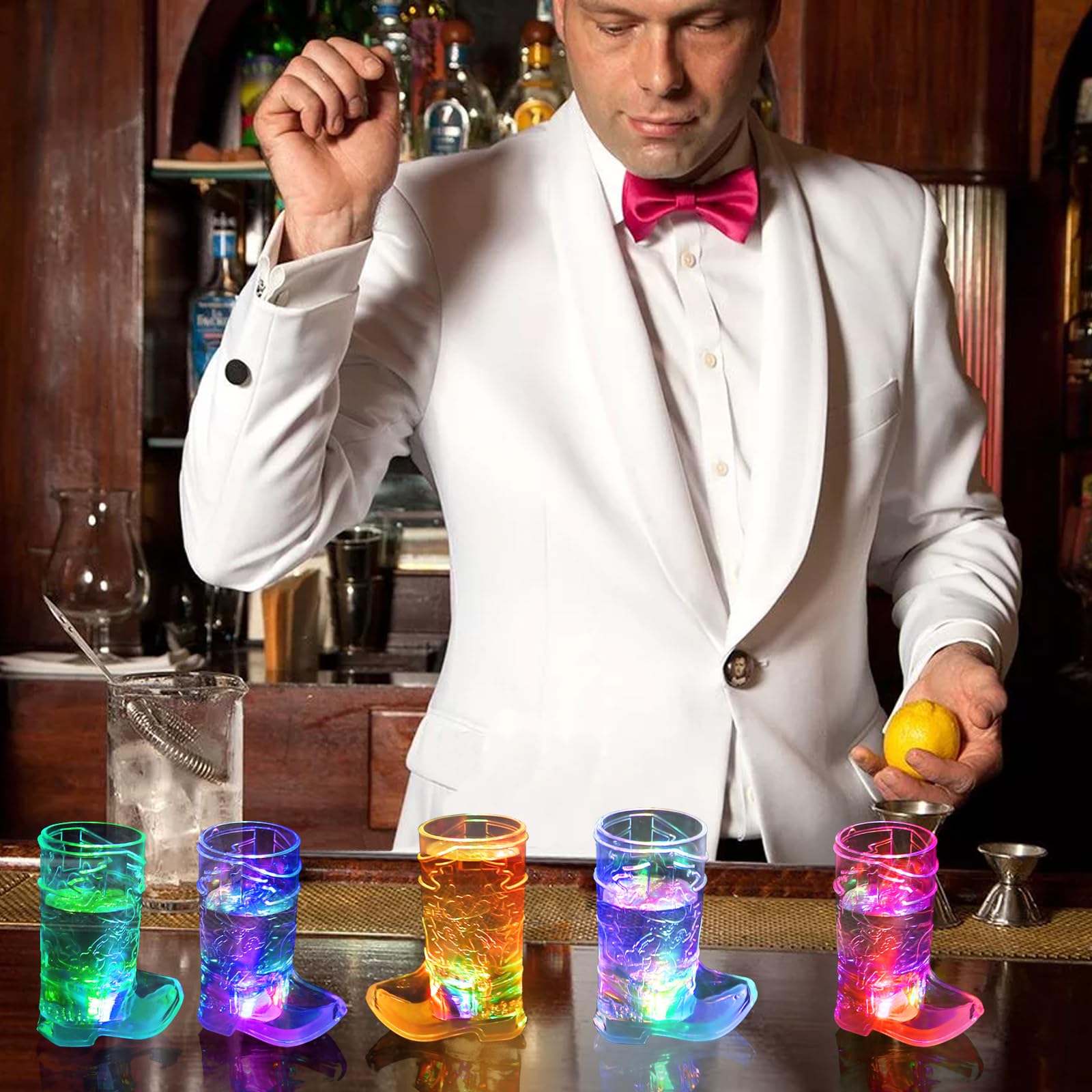 JTWKING vaso chupito para fiesta nocturna, iluminación destacada en la mesa.