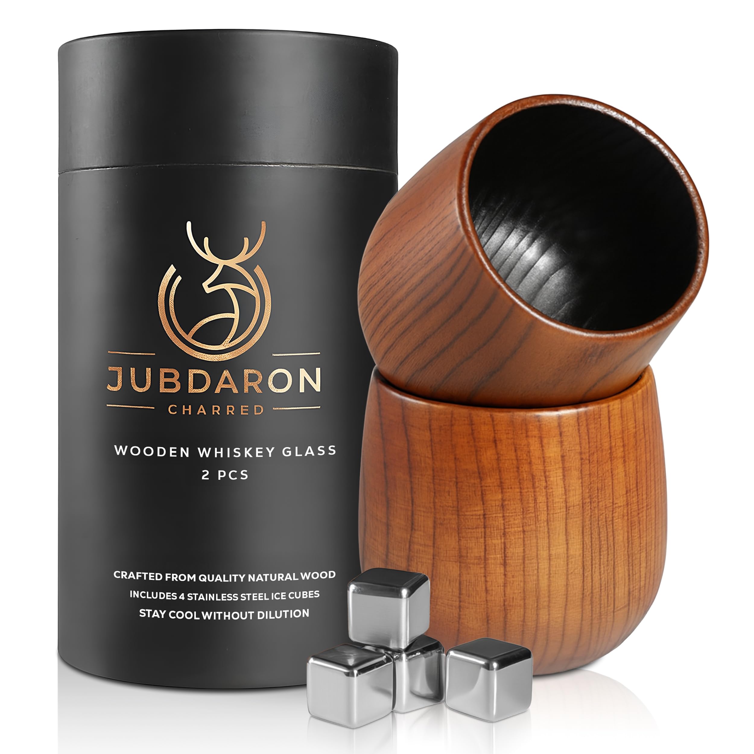 Vaso JUBDARON de whisky, interior madera quemada, realza aroma y carácter.
