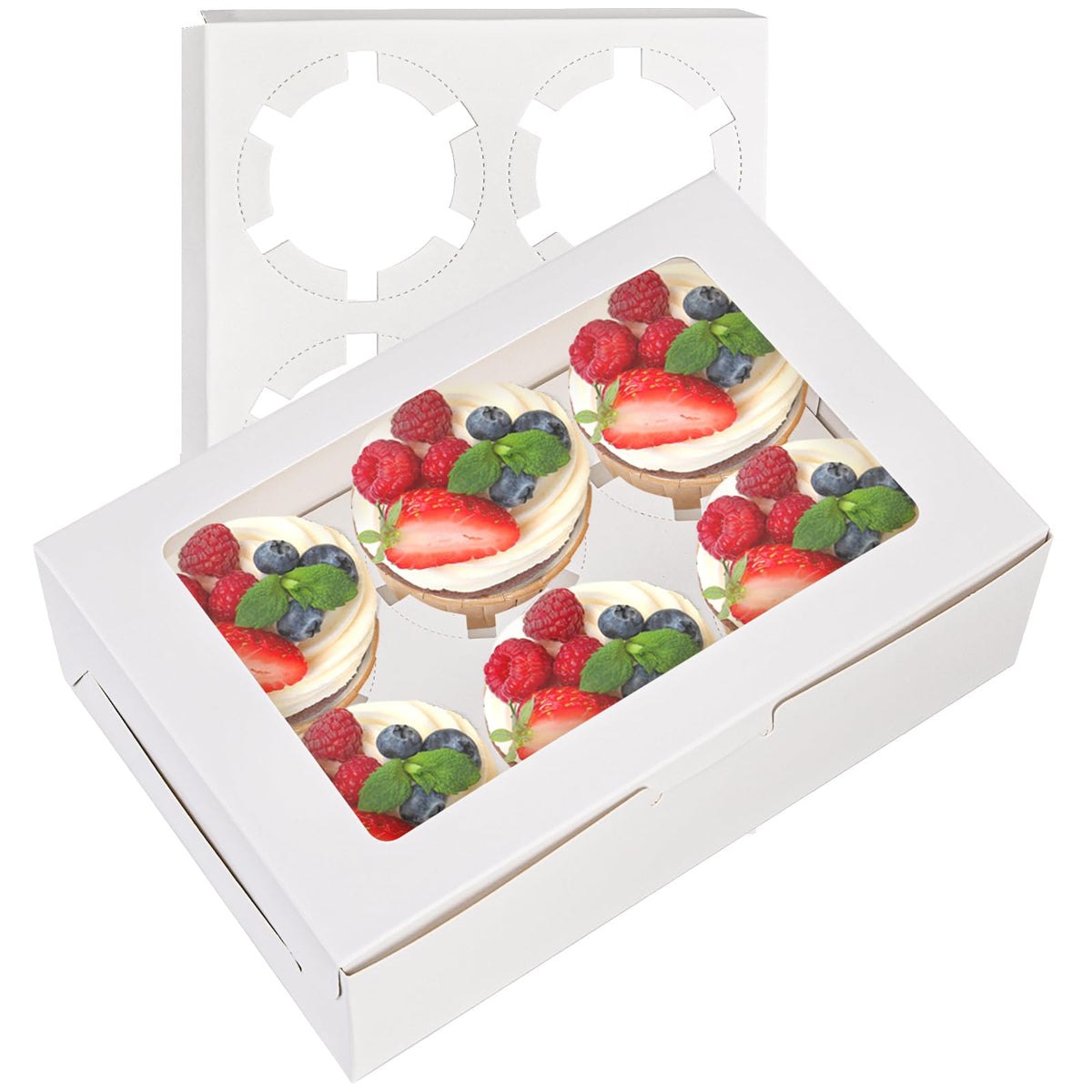 Caja Jucoan 50-pack frente con inserto, ideal para presentar 6 cupcakes en evento