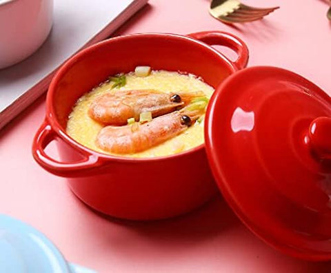 Jucoan ramequín de porcelana con tapa y asa en amarillo; duradero y apto para microondas.