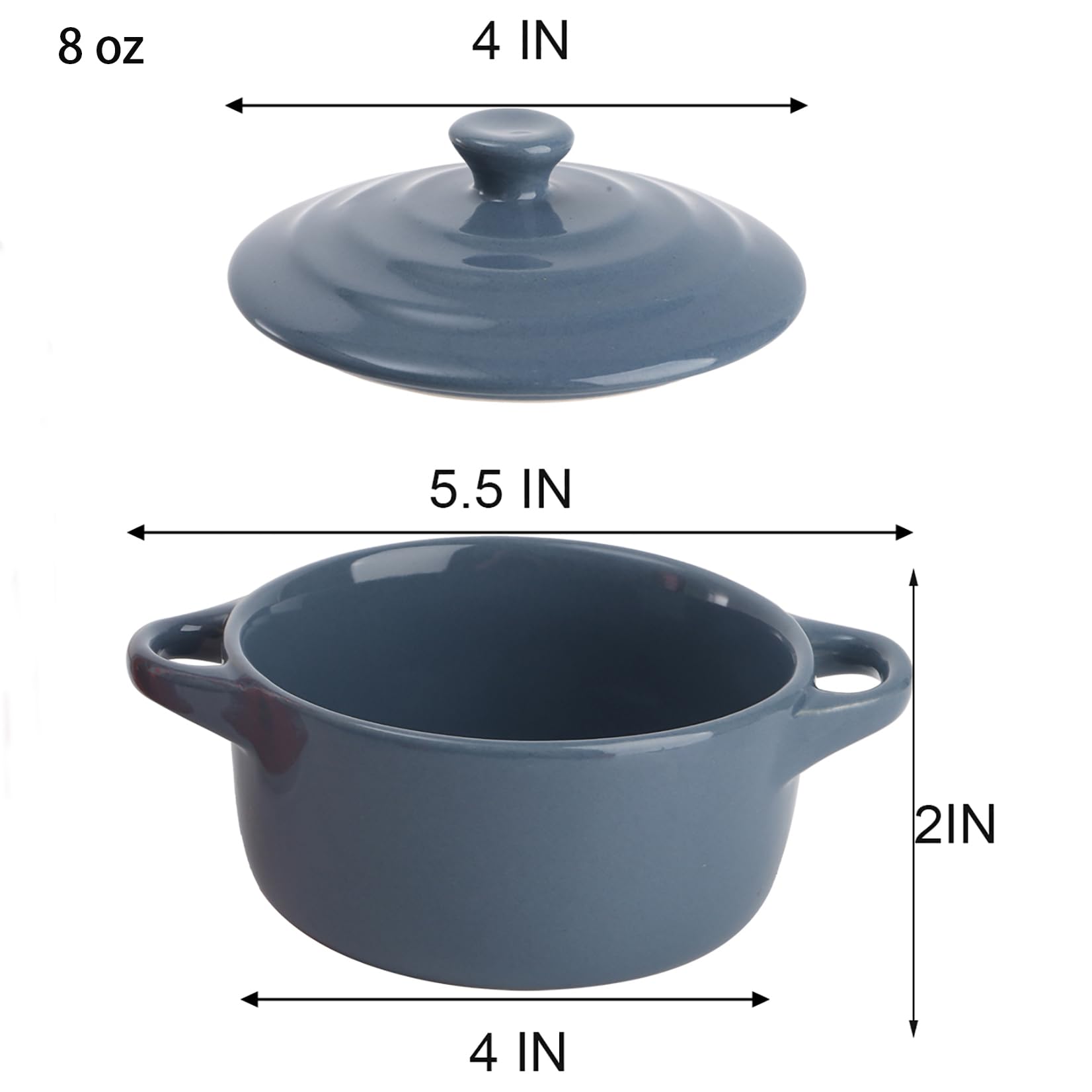 Jucoan ramequín de porcelana con tapa y asa en azul; ideal para postres individuales.
