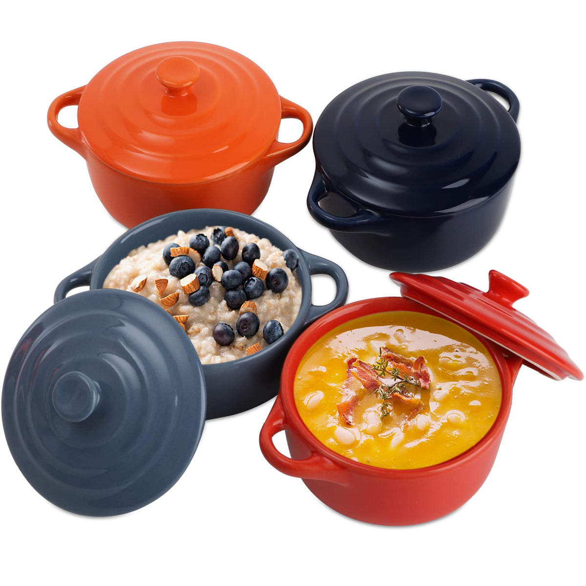 Jucoan ramequín de porcelana con tapa y asa; perfecto para porciones individuales horneadas.