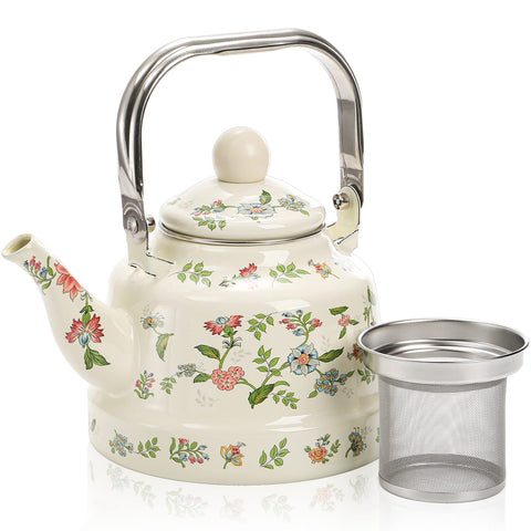 Tetera Jucoan con esmalte vintage verde floral, ideal para té al atardecer