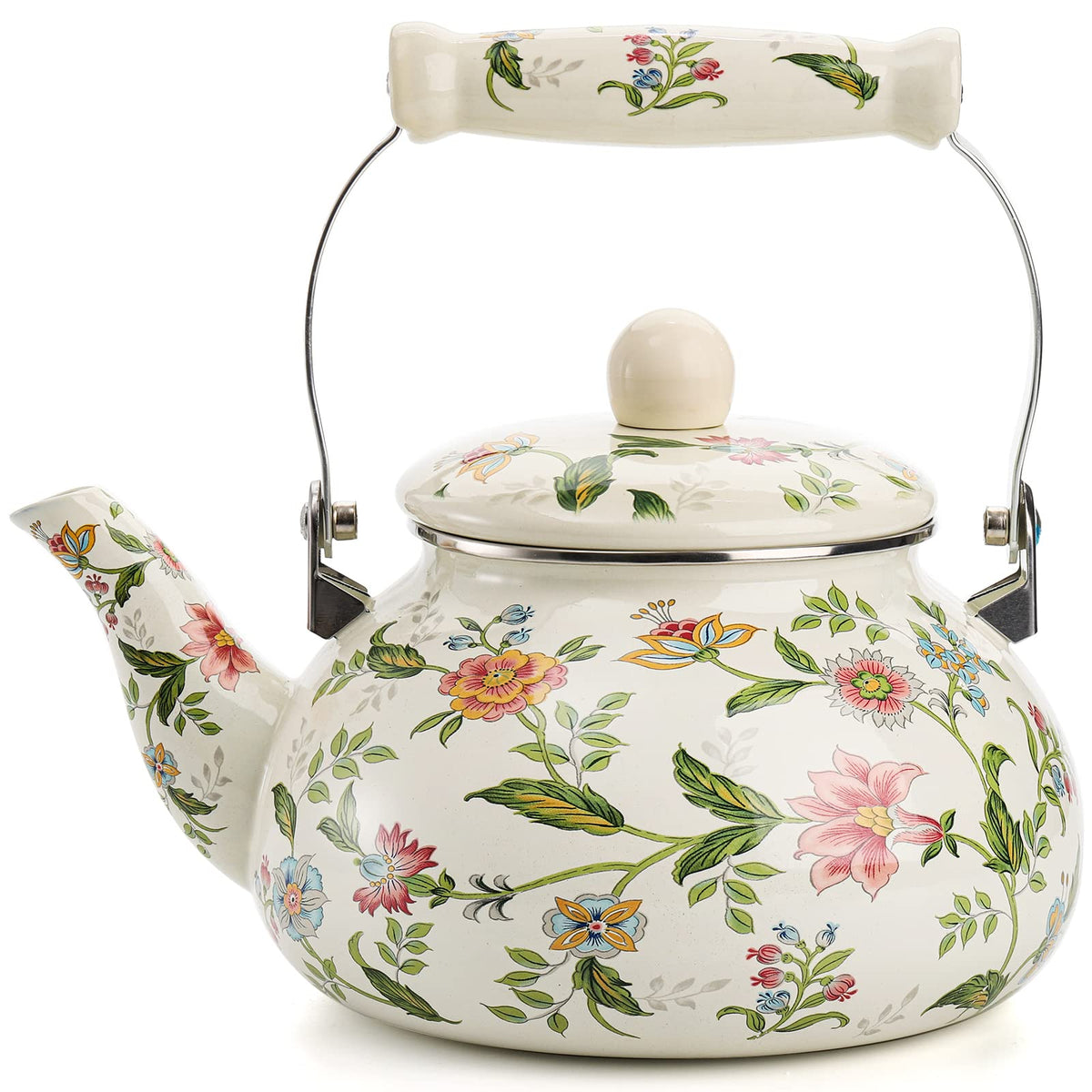 Tetera esmaltada Jucoan con patrón verde y flores, ideal para té aromático