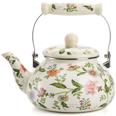 Tetera esmaltada Jucoan con patrón verde y flores, ideal para té aromático