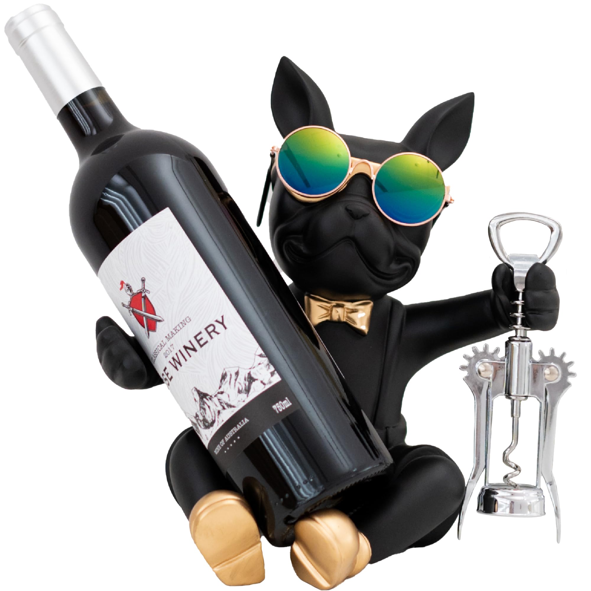 juju GOODS sujeta-botellas Bulldog negro-dorado para mesa elegante.