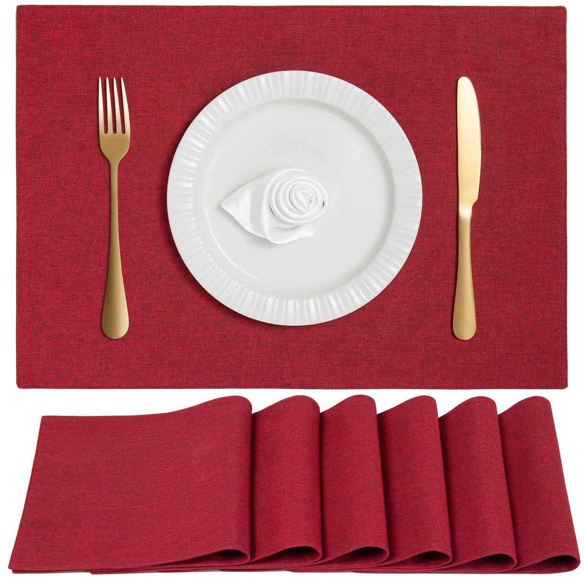 Manteles individuales Jukercici con doble capa, lino falso, granate, para mesa elegante.