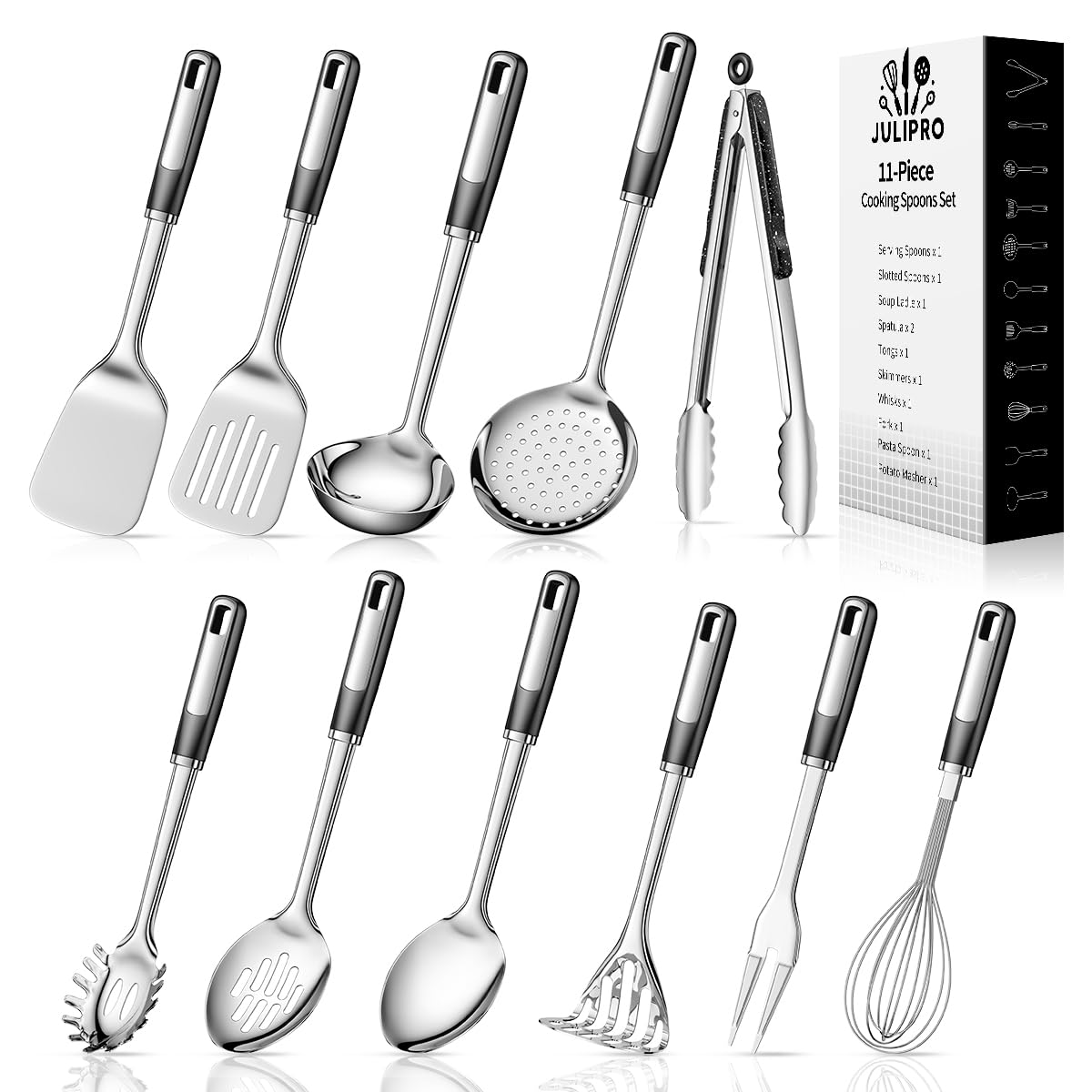 Conjunto JULIPRO de utensilios en acero inoxidable, duradero para uso diario.