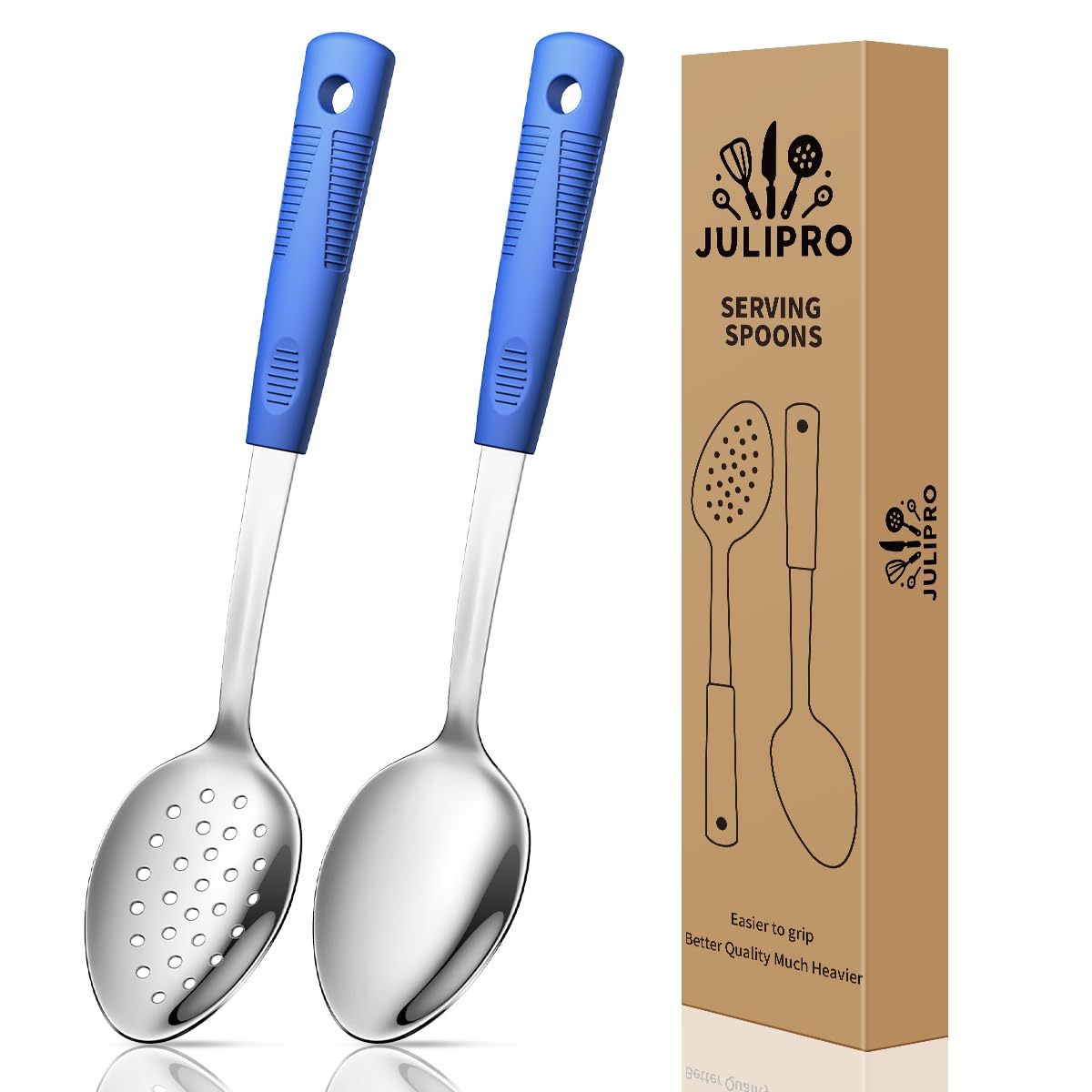 Cucharas JULIPRO para servir con mango de silicona antideslizante en acero inoxidable.