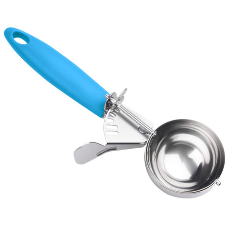 Cucharón de porción JUNADAEL J numero-12 con mango azul para porciones uniformes.