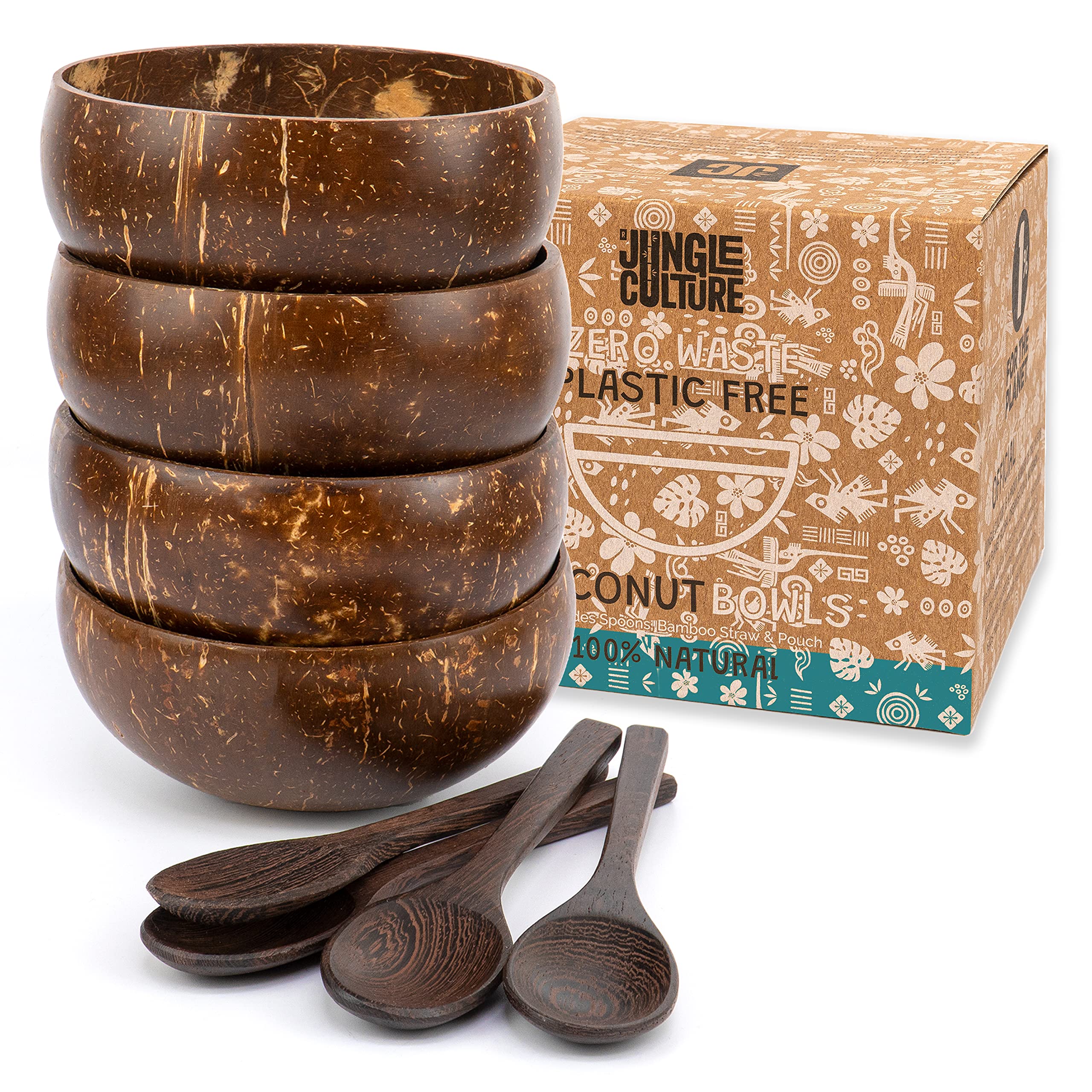 Jungle Culture cuencos de coco pulidos, ideales para batidos y desayunos nutritivos.