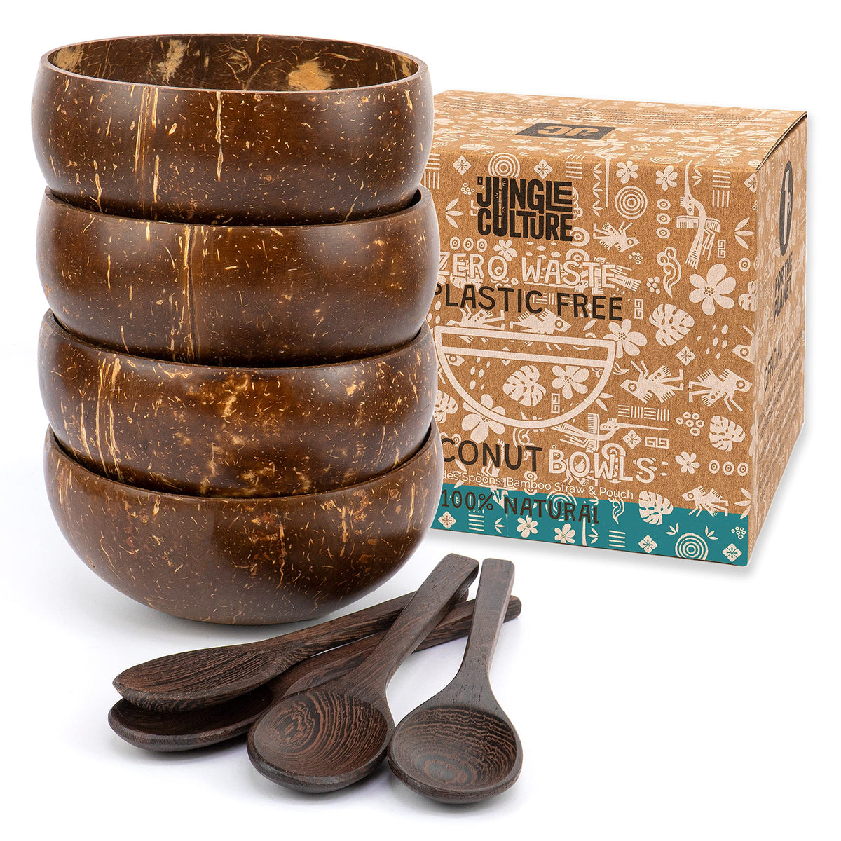 Jungle Culture cuencos de coco pulidos, ideales para batidos y desayunos nutritivos.