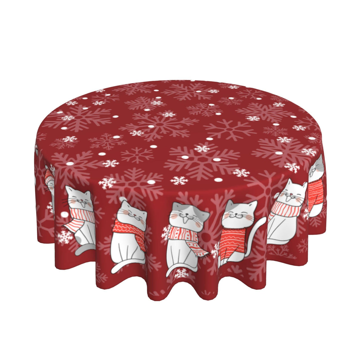 Mantel juniissl navideño con gato, vista general de mesa lista para comer