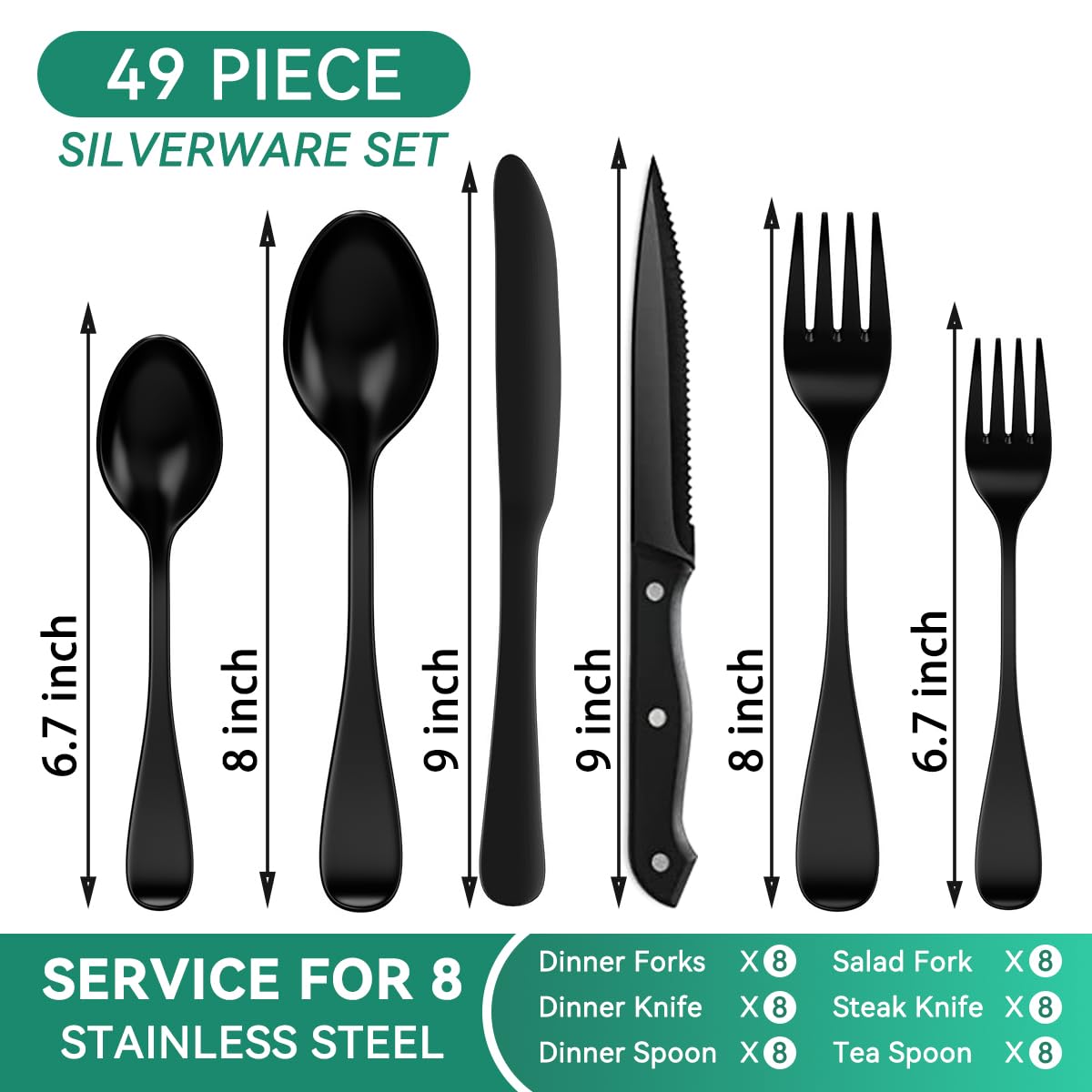 JUNLIN cubiertos negro con acabado espejo, ideal para cenas y reuniones.