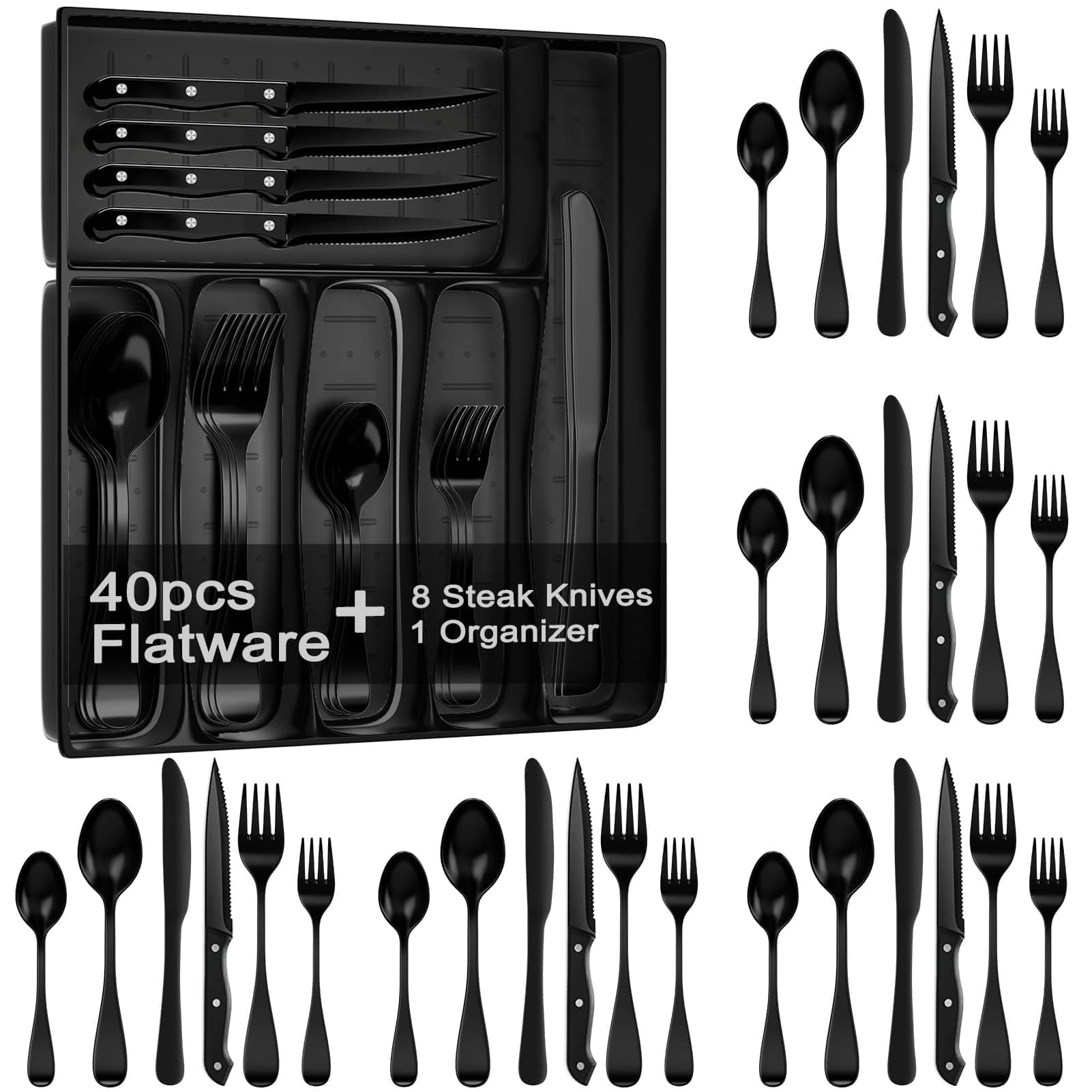JUNLIN set de cubiertos negro de 49 piezas para ocho comensales, mesa elegante.