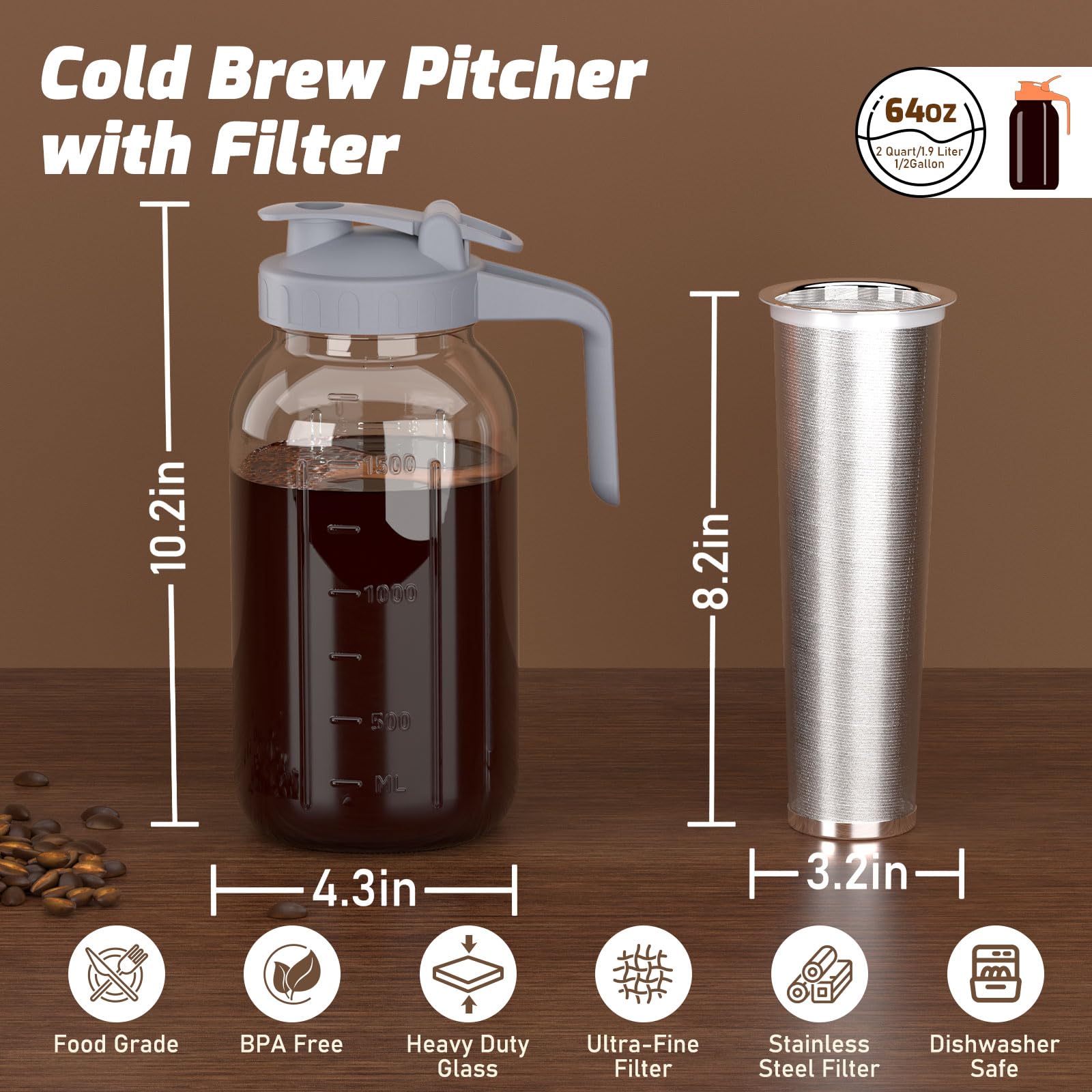 JunVpic jarro frío 64oz con filtro de malla inoxidable para bebidas limpias