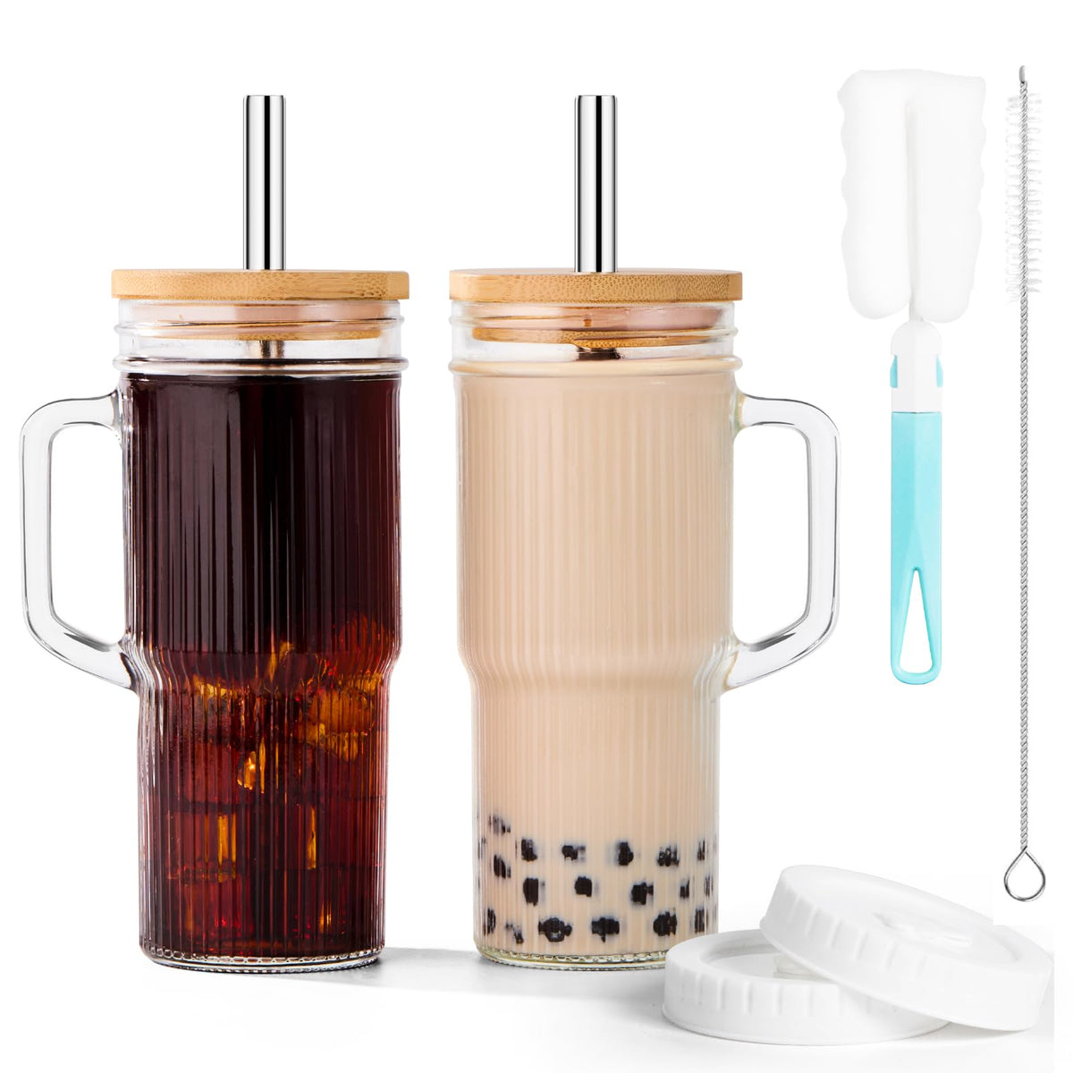 JunVpic vaso 22oz de vidrio acanalado para café frío y bebidas refrescantes