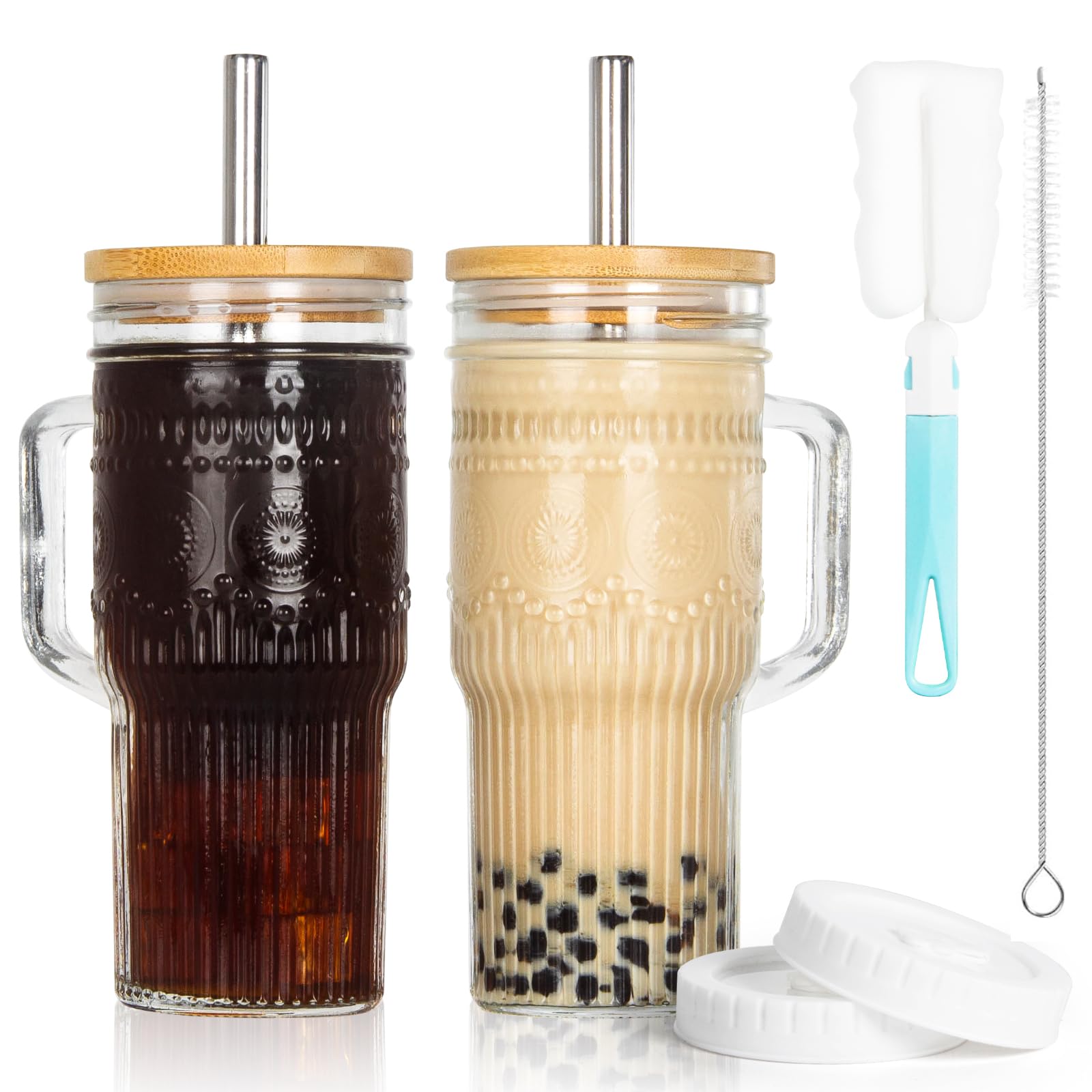 Vasos de vidrio JunVpic con tapas de bambú y asa, ideales para café helado.