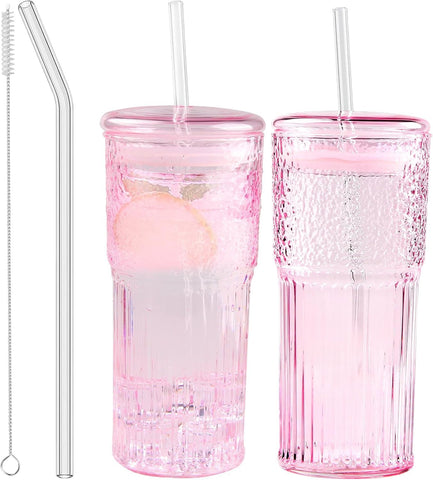 Vaso JunVpic vidrio rosa 20oz con tapas, ideal para bebidas frías y calientes