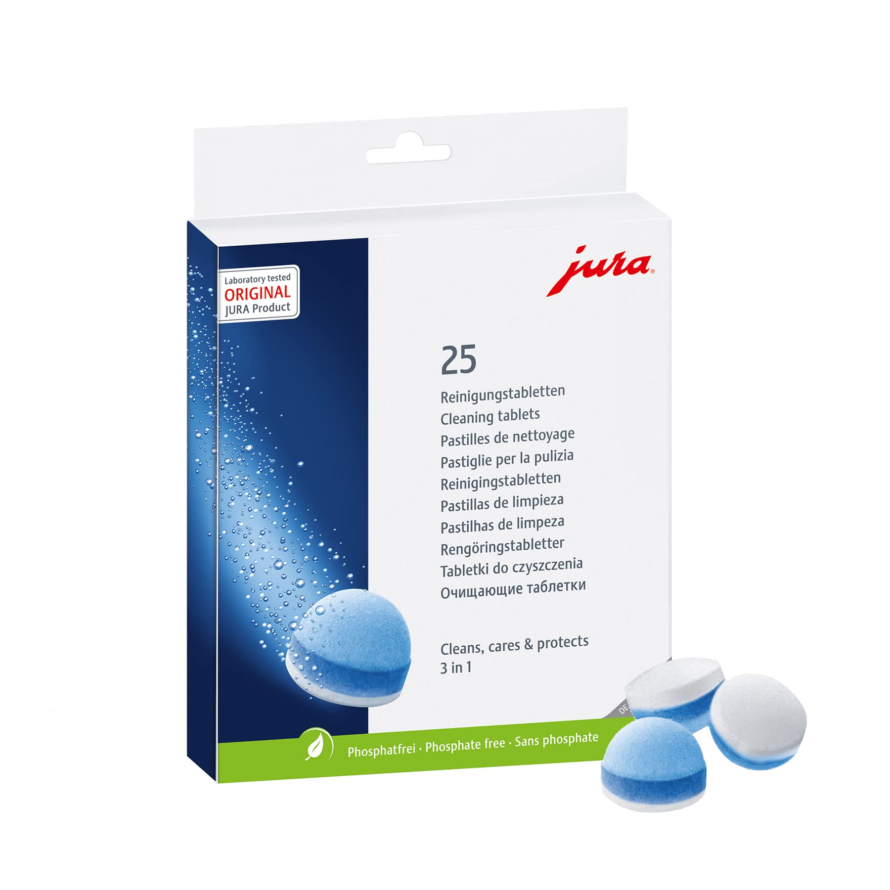 Imagen de empaque de Jura con tabletas de limpieza 3 fases para higiene y sabor consistentes