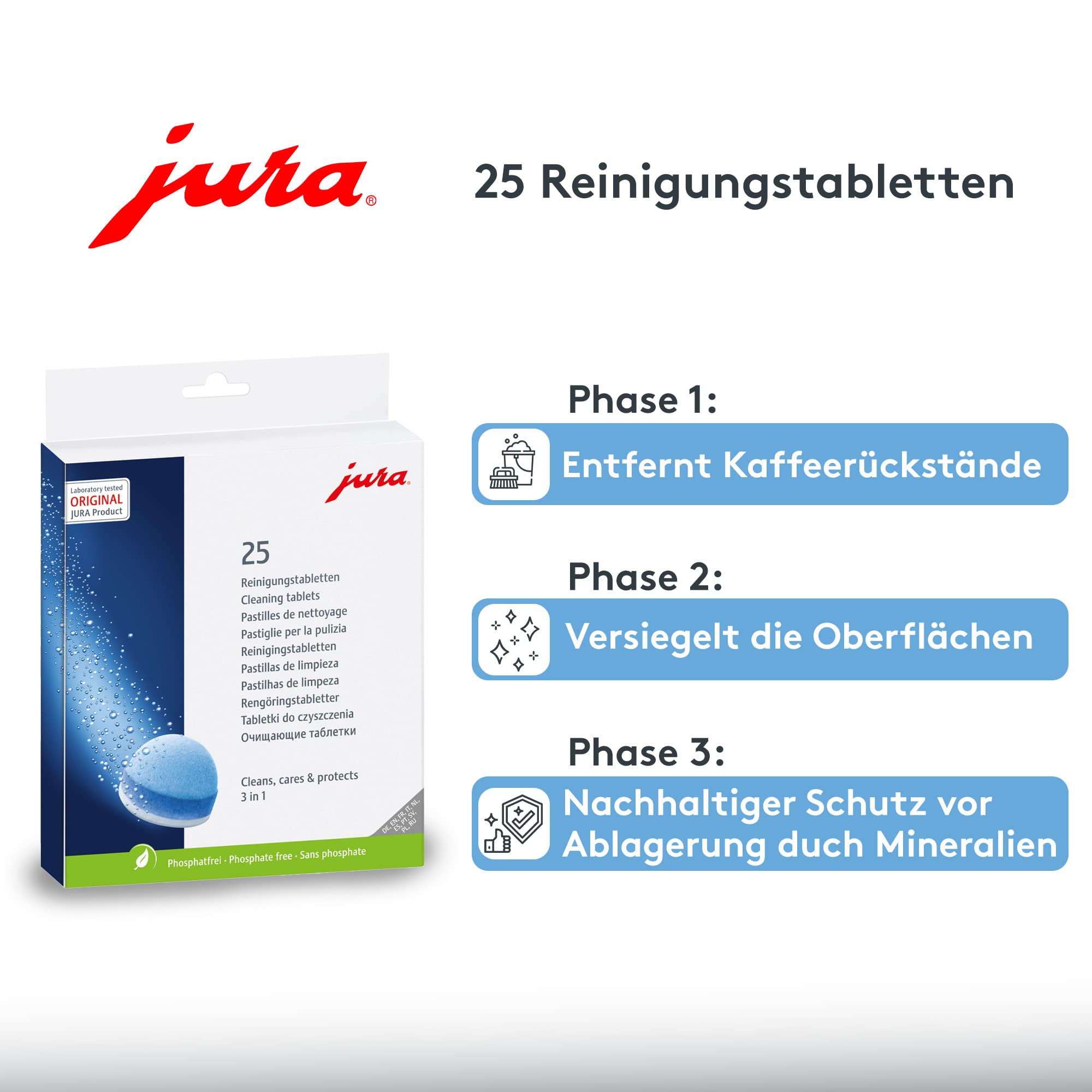 Tabletas Jura en uso para limpieza, cuidado y protección de la máquina de espresso