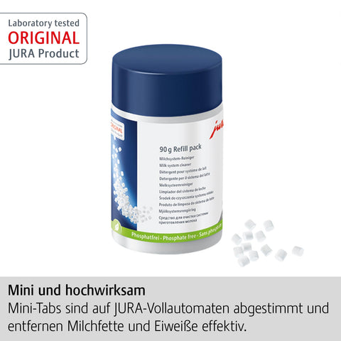 Dispensador del sistema de leche JURA con pastillas listas para limpieza fácil.
