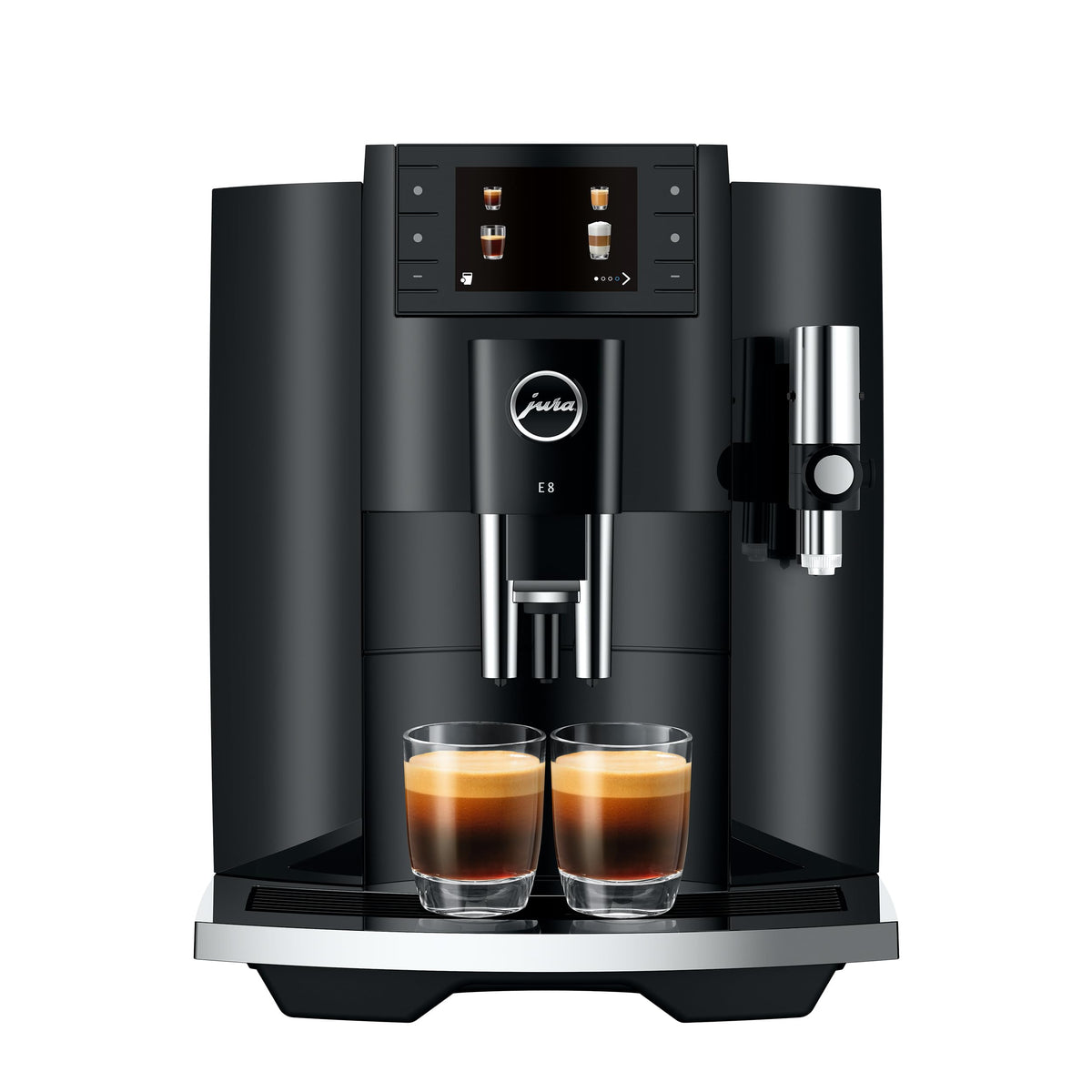 JURA E8 negro piano, frontal elegante para uso diario con café de calidad.